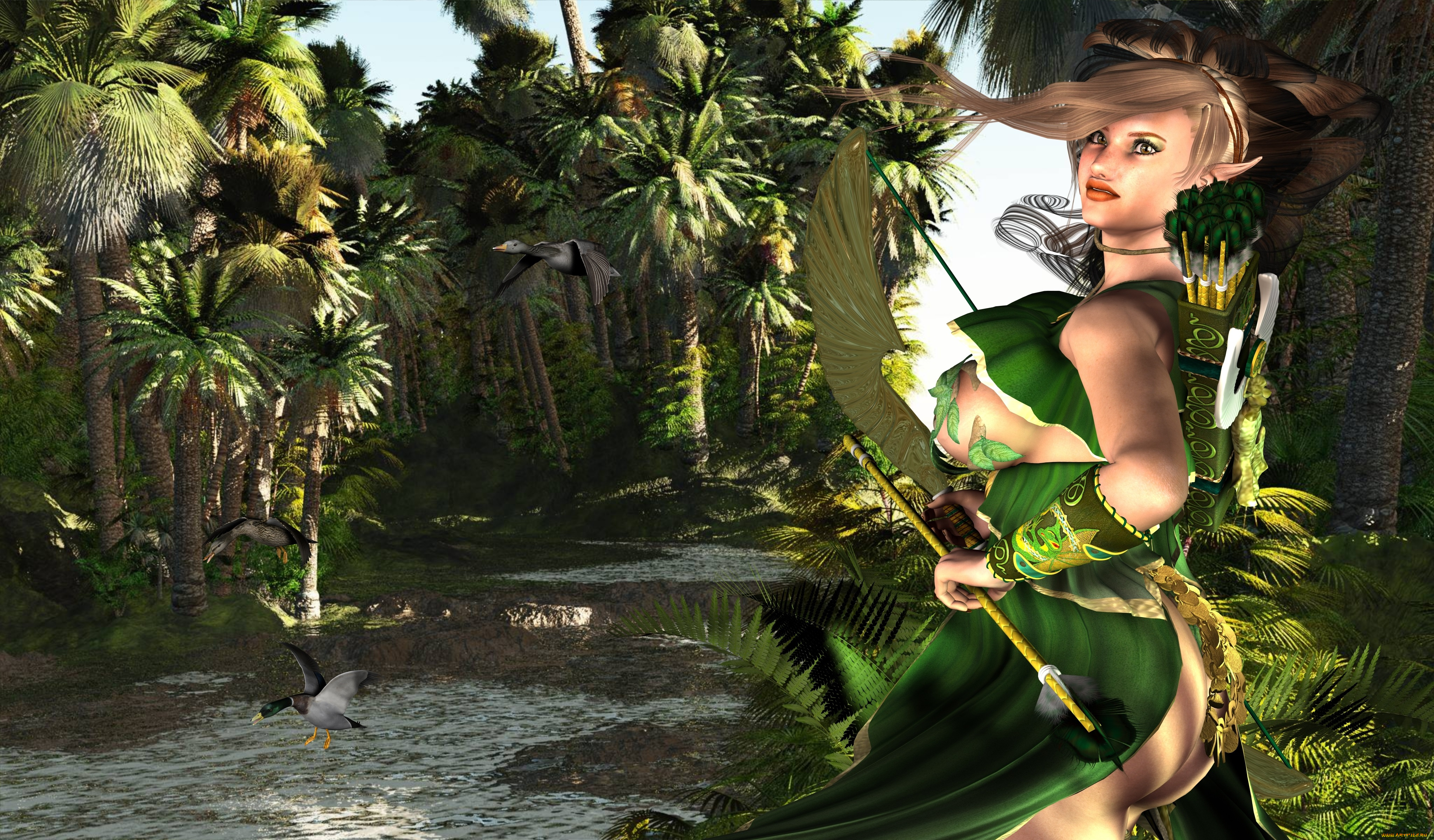 3д, графика, elves, эльфы, река, лес, эльфийка