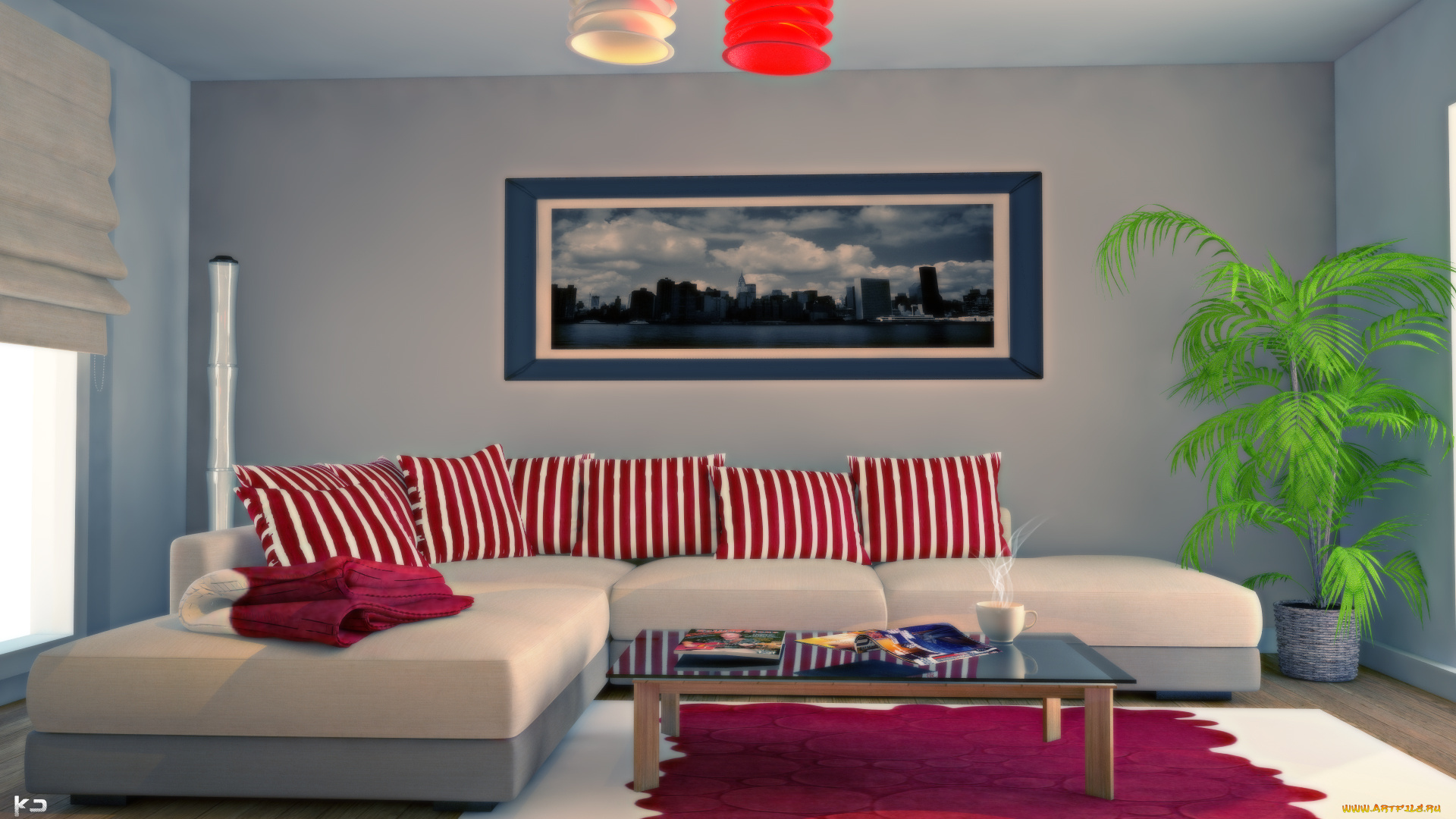 3д, графика, realism, , реализм, диван, комната, растение, подушки, картина