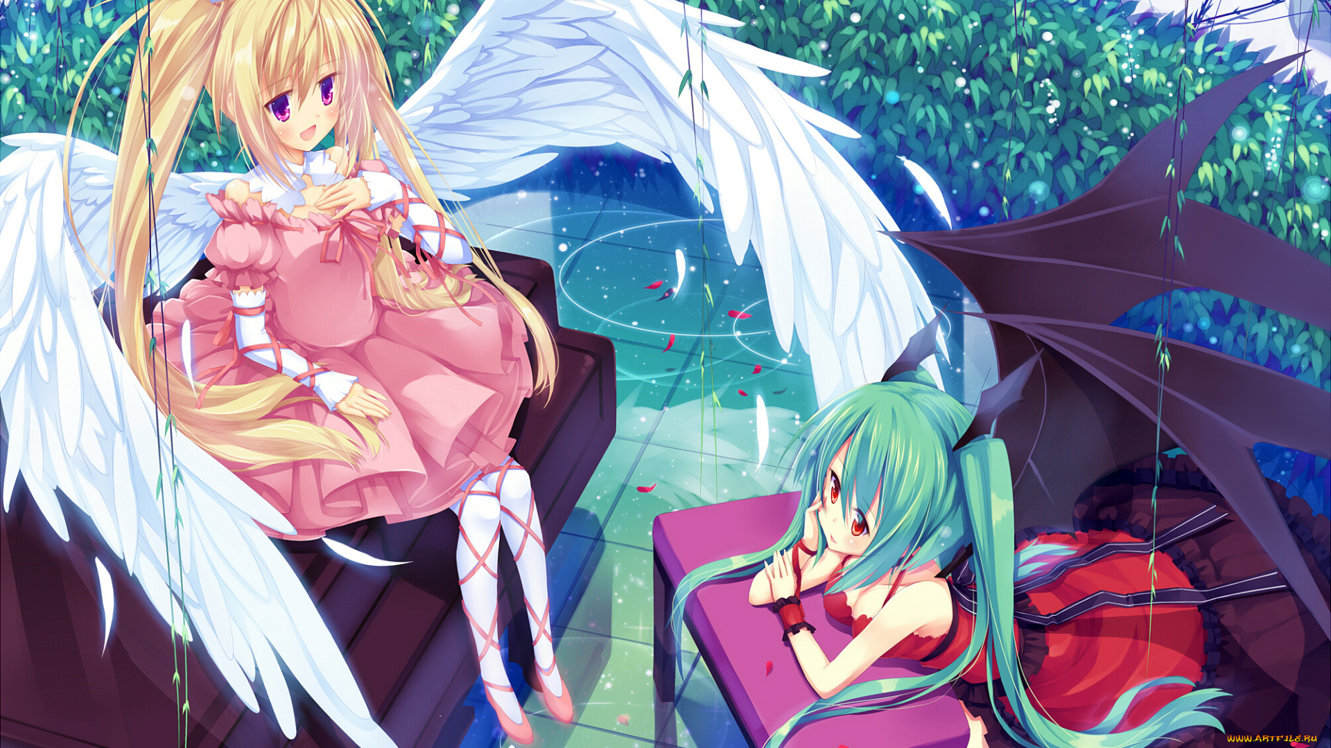 аниме, -angels, &, demons, растение, перья, вода, крылья, демон, ангел, две, девушки