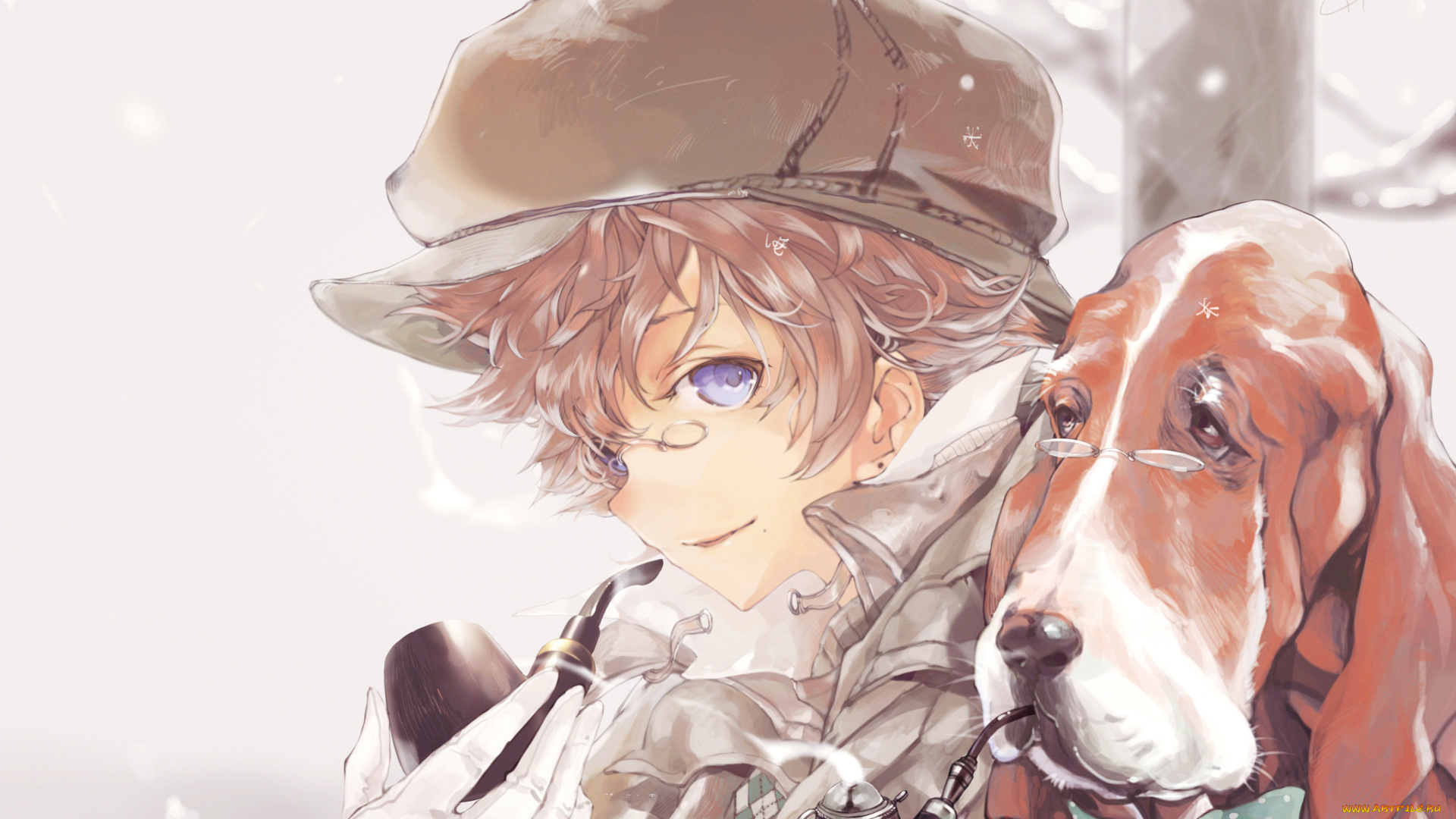 аниме, -animals, парень, кепка, собака, очки, трубка, шерлок, холмс