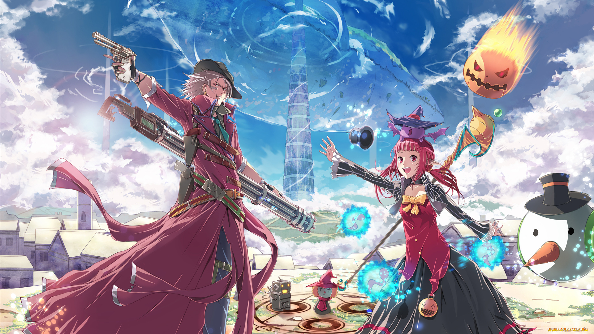 аниме, -halloween, &, magic, парень, девушка, радость, оружие, магия, город