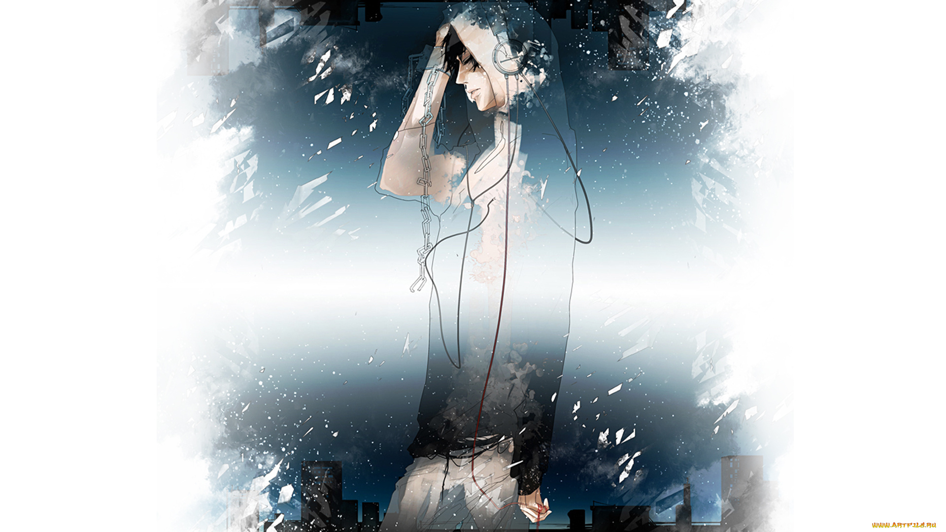 аниме, -headphones, &, instrumental, цепь, город, наушники, парень