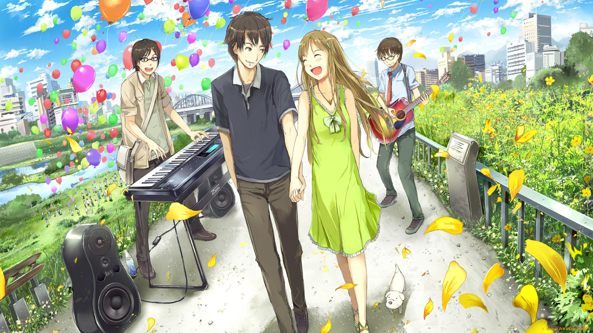 аниме, -headphones, &, instrumental, девушка, парень, воздушные, шарики, собака, гитара, музыкальные, инструменты, свидание, смех, цветы, лепестки