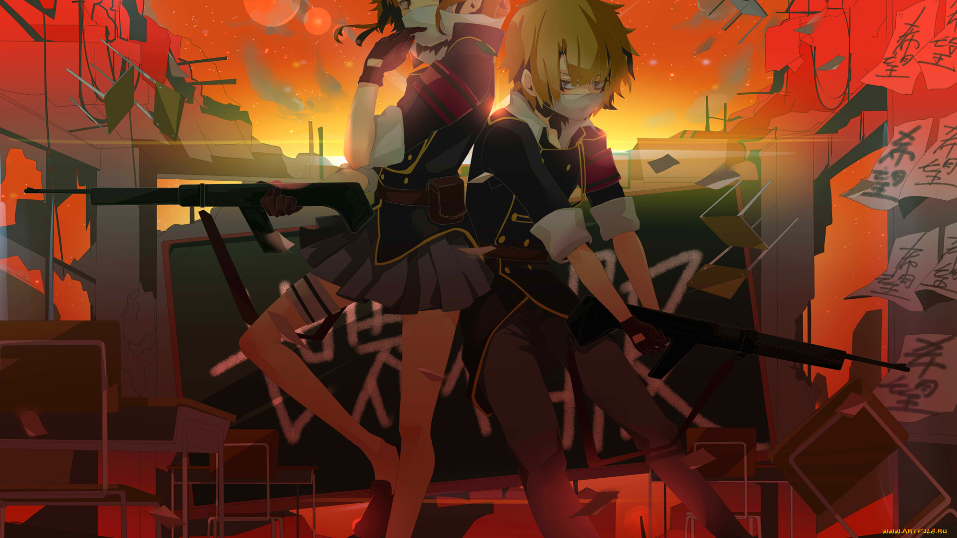 аниме, -weapon, , blood, &, technology, закат, класс, школа, оружие, девушка, парень, арт