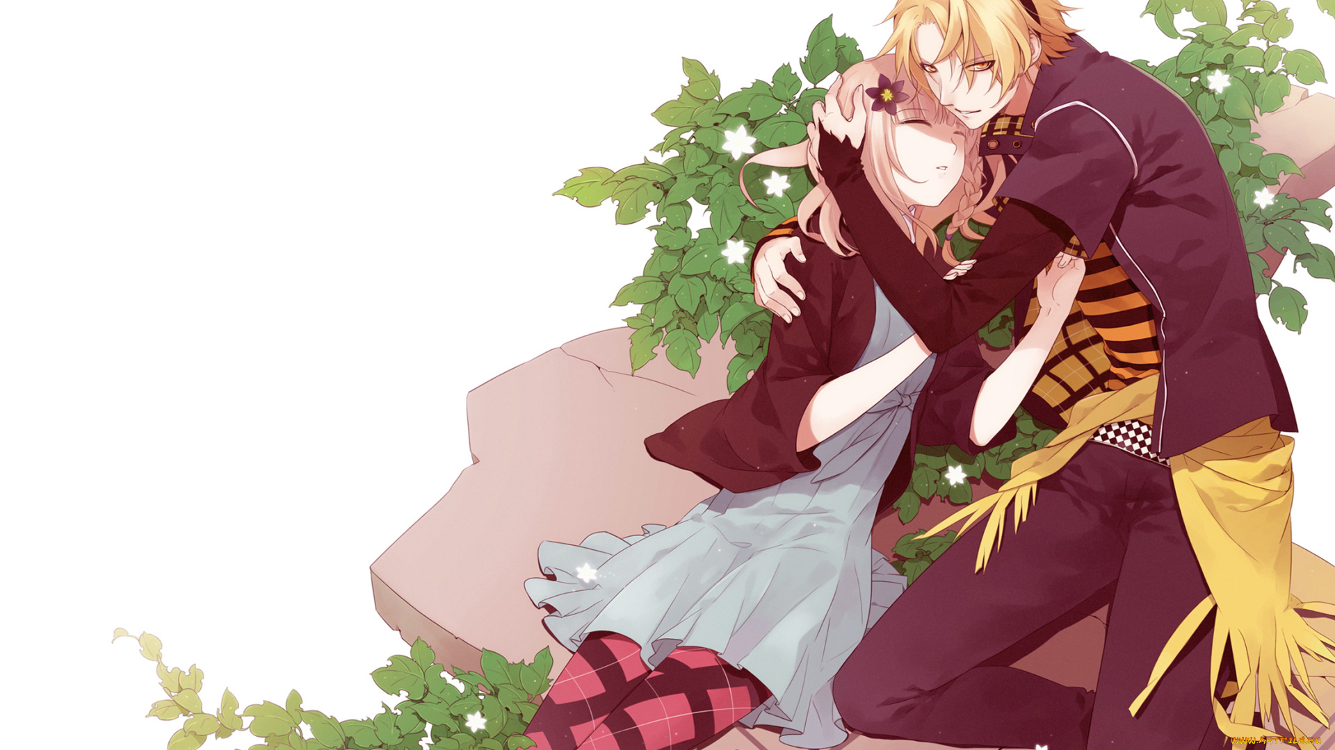 аниме, amnesia, парень, девушка, пара, toma, ремень, листья