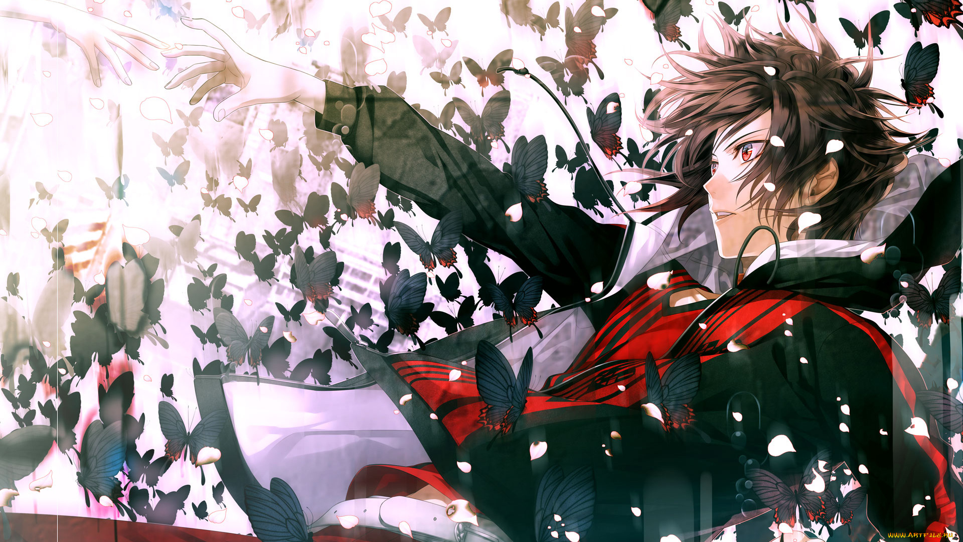 аниме, amnesia, руки, shin, парень, бабочки, падение, лепестки