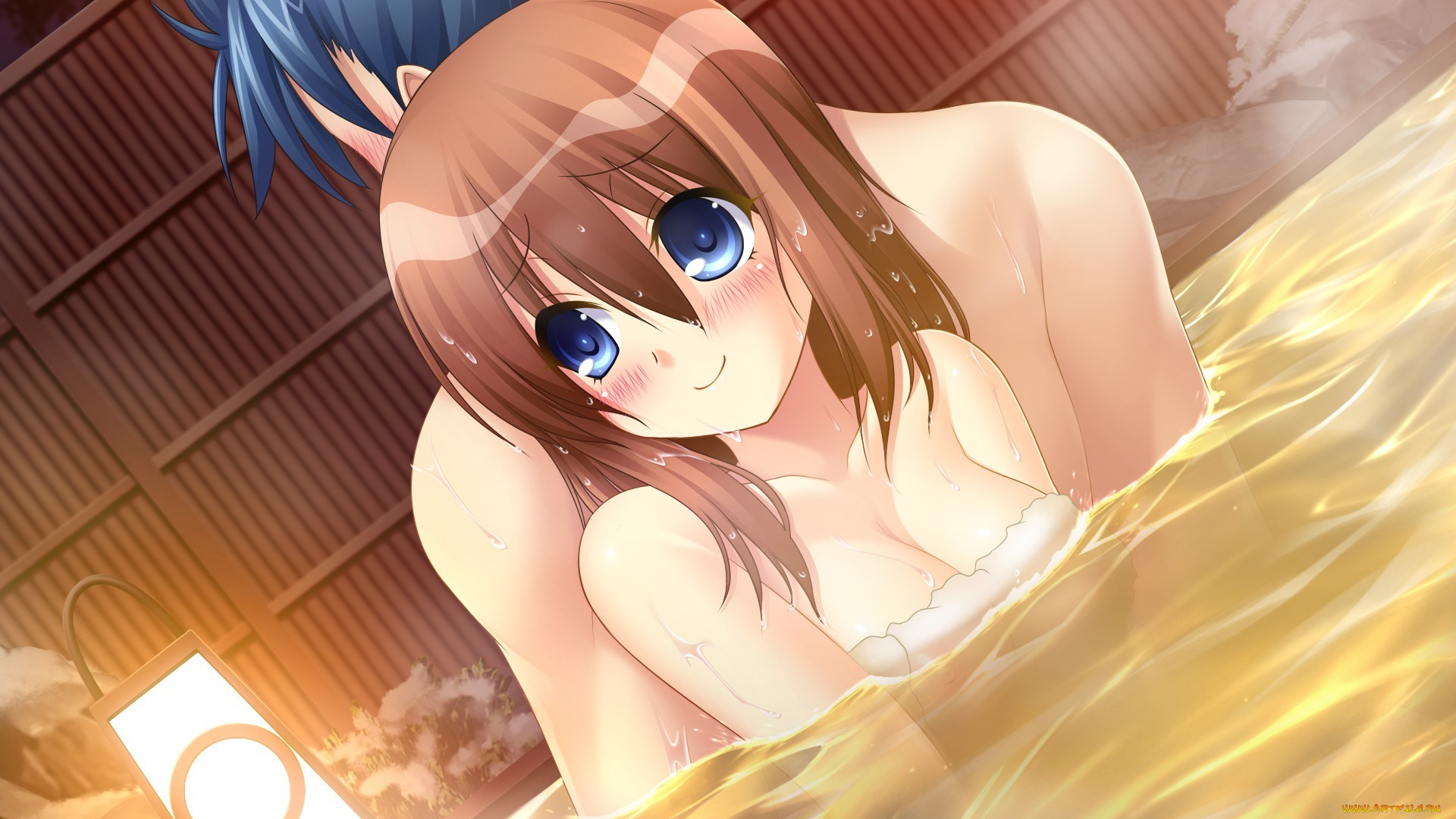 аниме, chu&, 215, chu, прикосновение, парень, девушка, стеснение, улыбка, двое, забор, вода, румянец