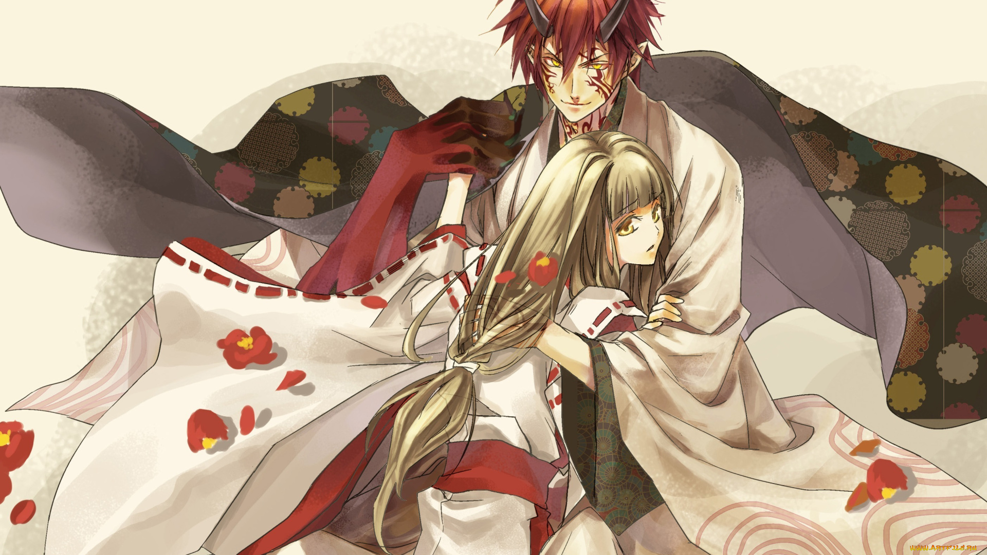 аниме, hiiro, no, kakera, арт, рога, девушка, парень, алые, осколки, onizaki, takuma, kasuga, tamaki, hiiro, no, kakera, кимоно, демон