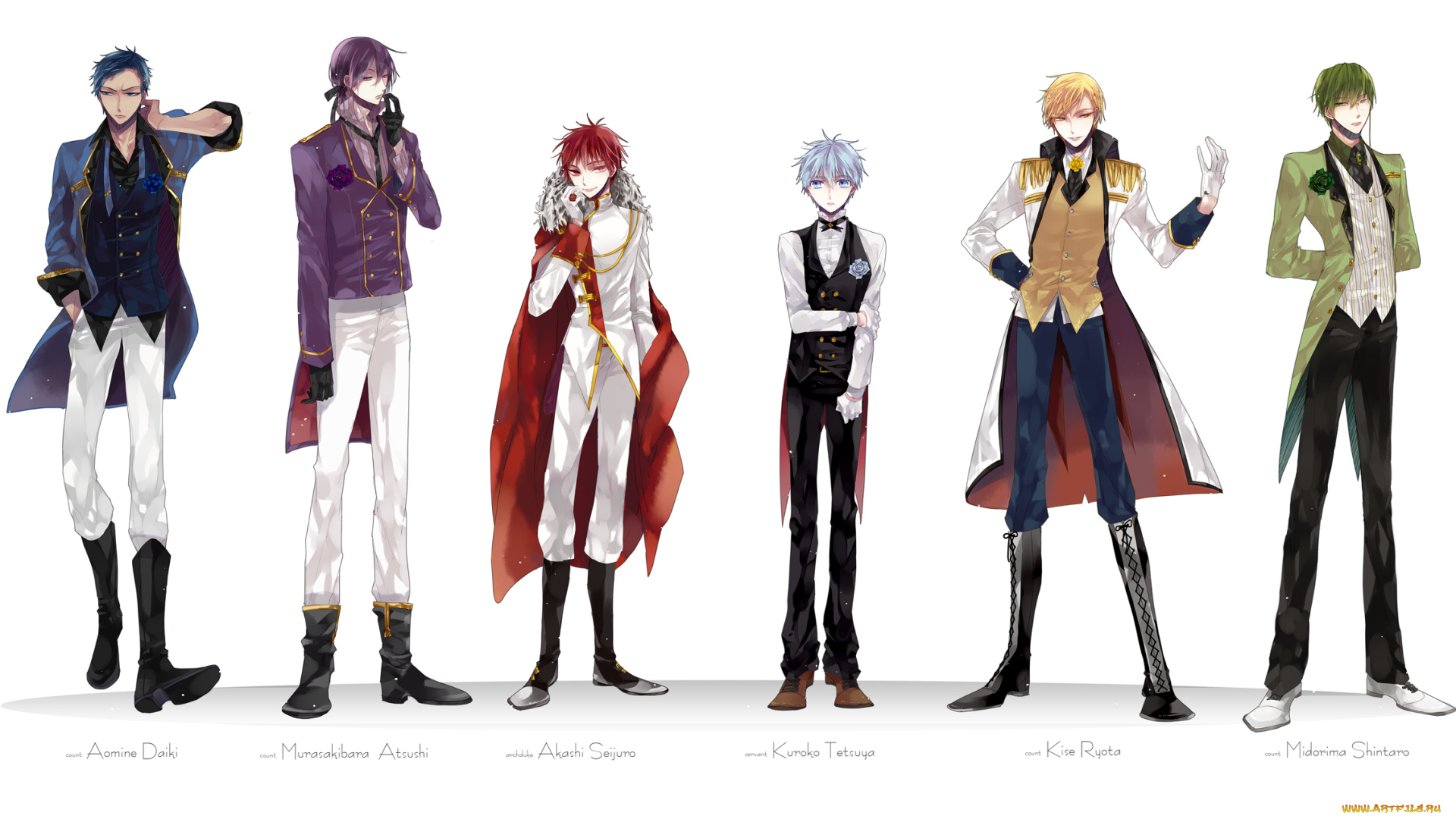 аниме, kuroko, no, baske, kuroko, tetsuya, midorima, shintarou, галстук, kise, ryouta, aomine, daiki, бабочка, дворецкий, кольцо, принц, костюм, перчатки, плащ, жилетка, роза, murasakibara, atsushi, akashi, seijuurou, баскетбол, куроко