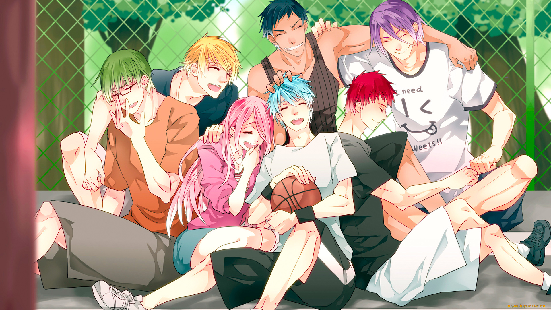 аниме, kuroko, no, baske, парни, мяч, murasakibara, atsushi, midorima, shintarou, akashi, seijuurou, улыбка, радость, kuroko, tetsuya, aomine, daiki, kise, ryouta, настроение, девушка, momoi, satsuki