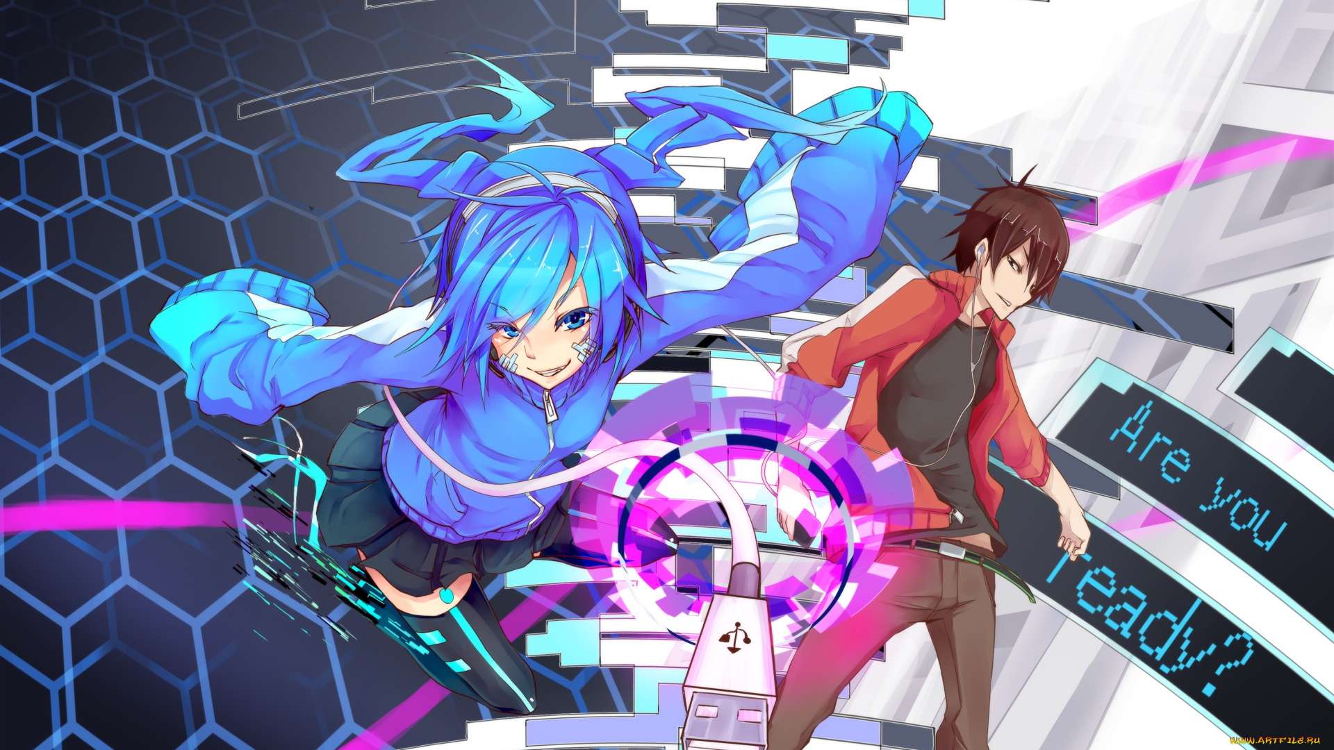 аниме, mekakucity, actors, взгляд, улыбка, жест, kisaragi, shintaro, парень, ene, девушка, бинты