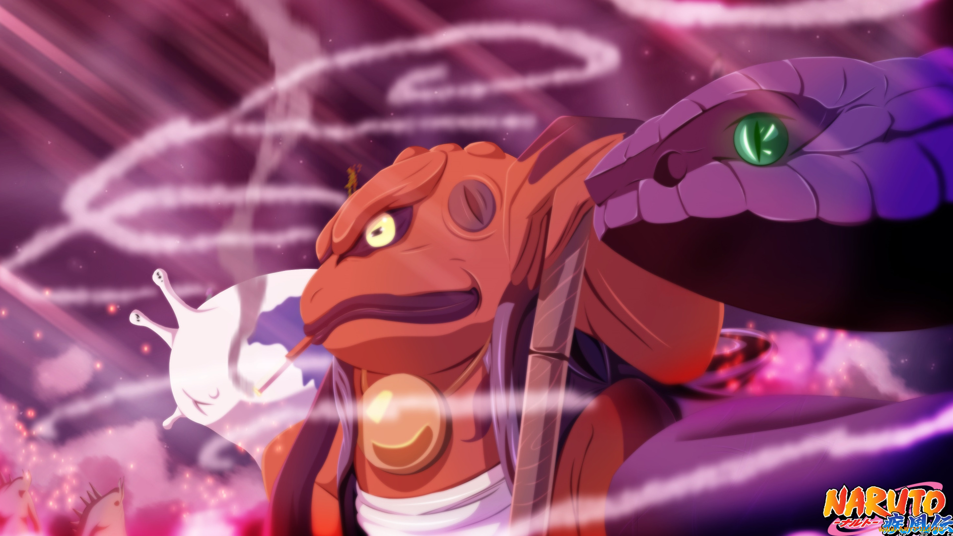 аниме, naruto, шиппуден, арт, наруто, змей, кацуя, жаба, животные, слизень, трио