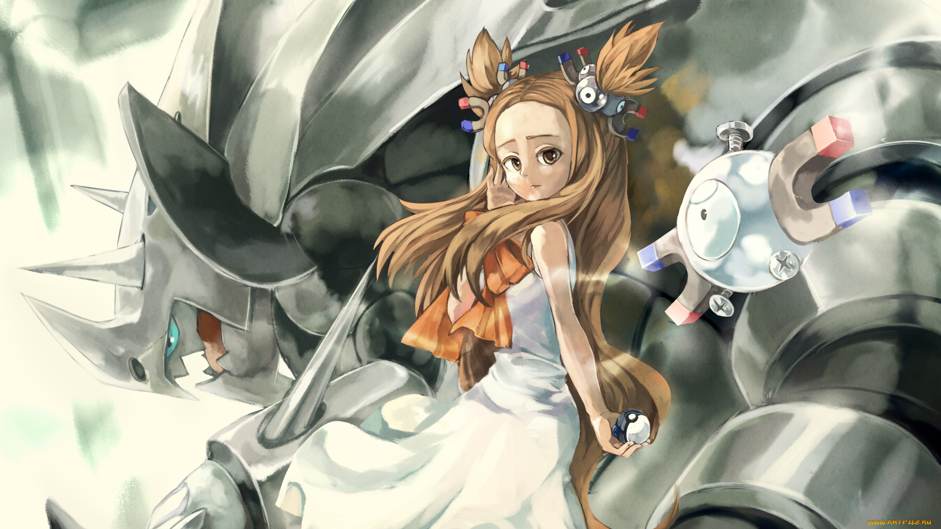 аниме, pokemon, белое, платье, покебол, магнемайты, шатенка, взгляд, девушка, арт, покемон