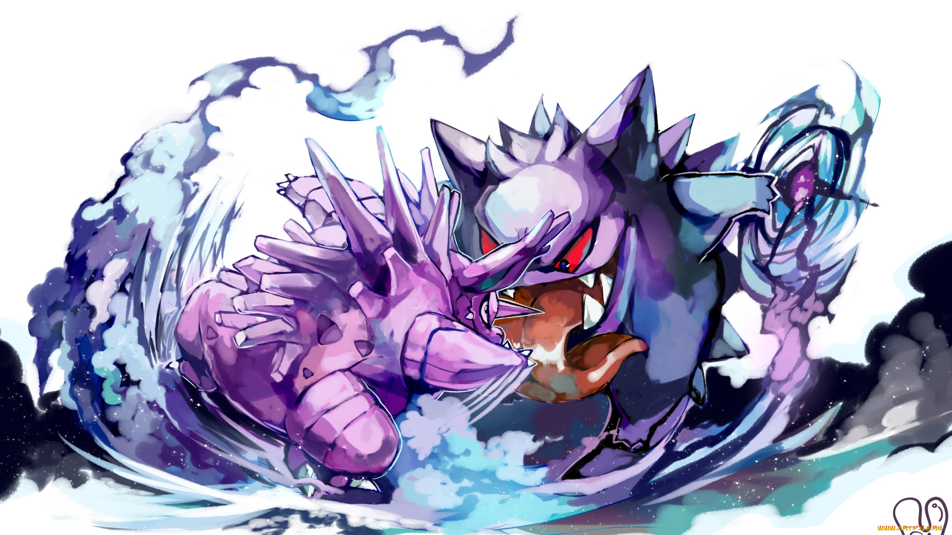 аниме, pokemon, покемон, арт, фиолетовые, бой, генгар, белый, фон