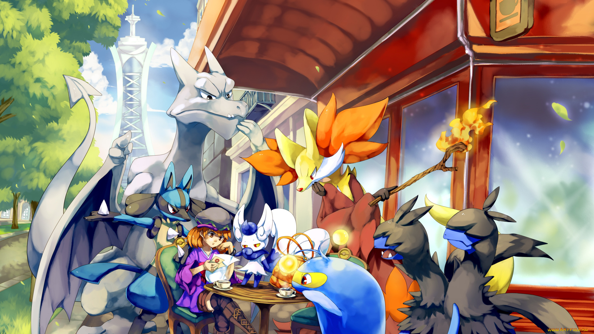 аниме, pokemon, улица, зелень, дерево, столик, кафе, разные, девушка, арт, покемон
