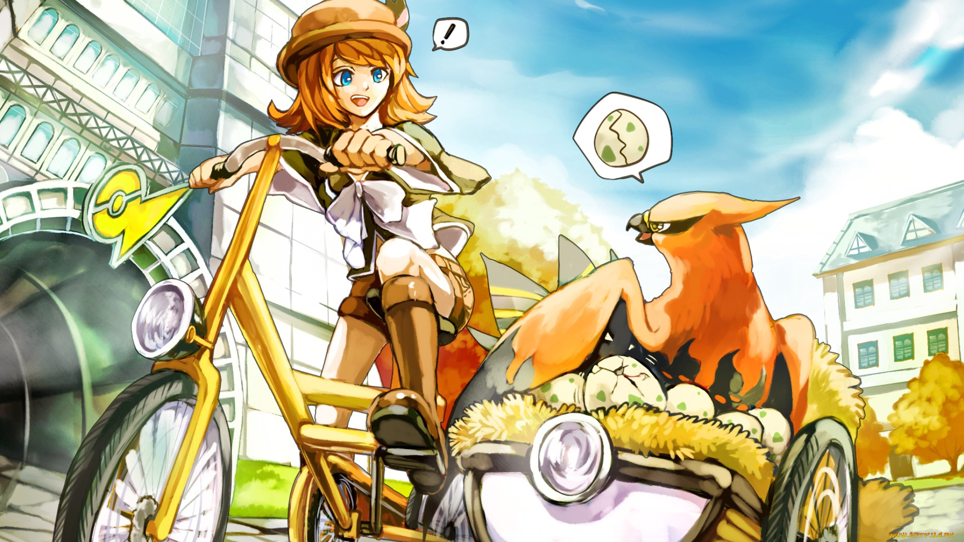 аниме, pokemon, велосипед, общение, едут, небо, облака, здания, яйца, покемон, девушка, птица