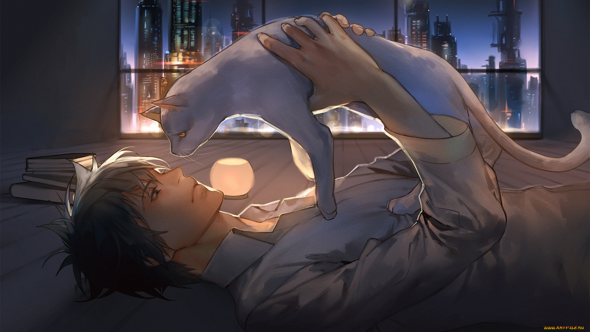 аниме, psycho-pass, ночь, лежа, кошка, парень, окно