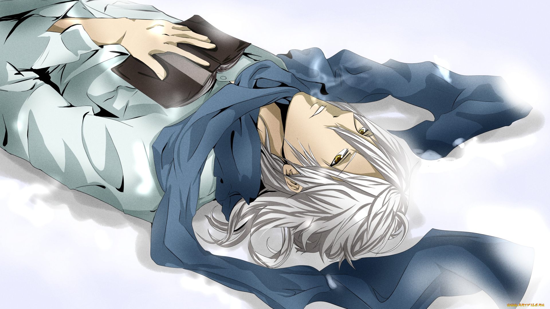 аниме, psycho-pass, шарф, рубашка, зима, белые, волосы, золотые, глаза, книга, парень, снег