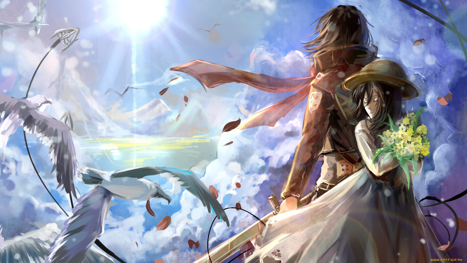 аниме, shingeki, no, kyojin, соломенная, шляпа, живопись, океан, горы, свет, солнце, платье, двое, девочка, mikasa, ackerman, девушка, облака, небо, чайки, птицы, шарф, обмундирование, трос, лезвие, оружие, цветы, букет