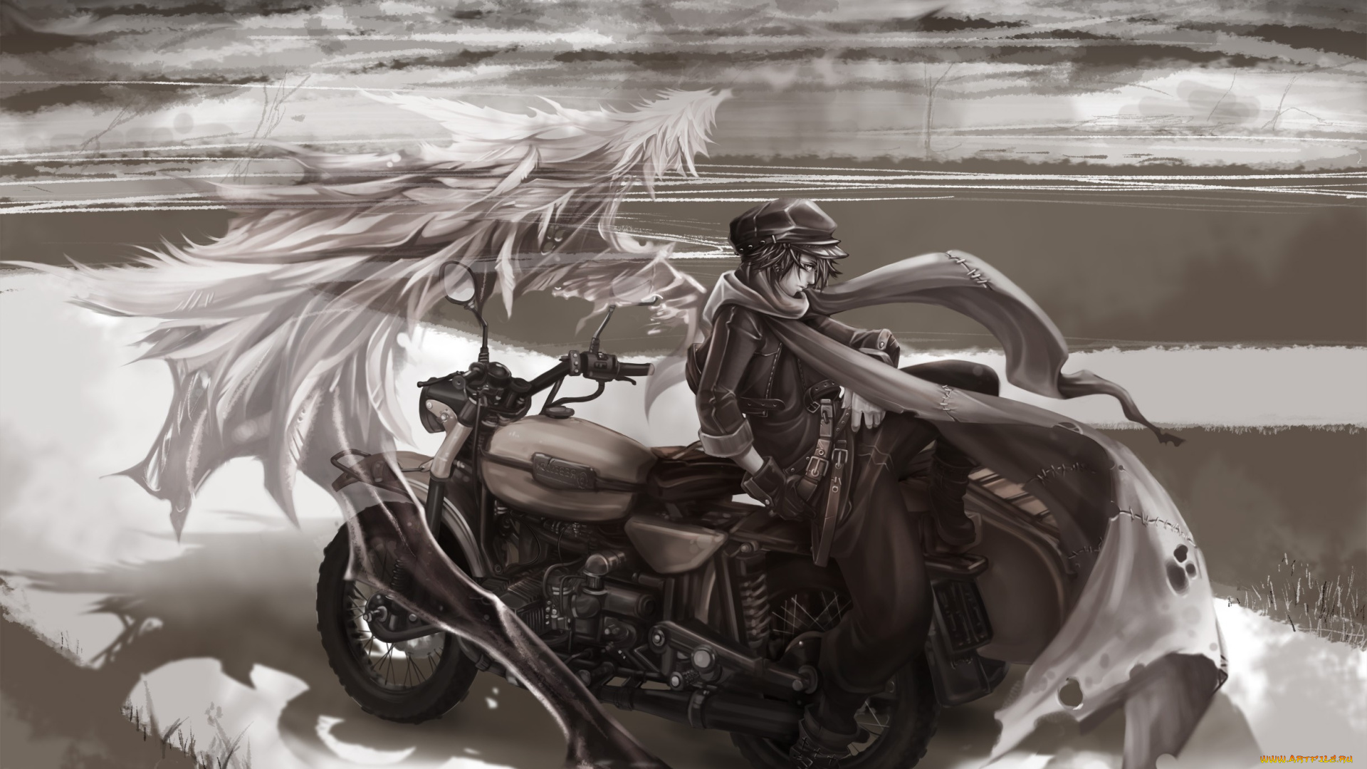 аниме, *unknown, , другое, дорога, арт, парень, мотоцикл, дух, плащ