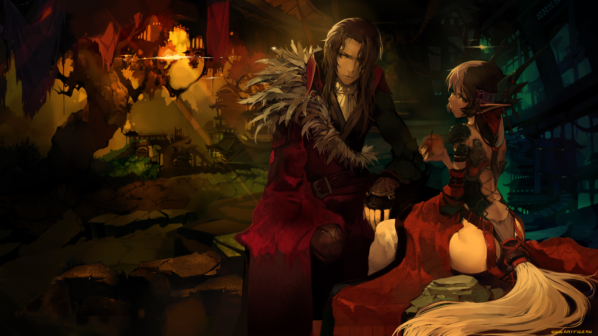 аниме, *unknown, , другое, костюм, платье, девушка, парень, эльфийка, город, дома, плащ, яблоко