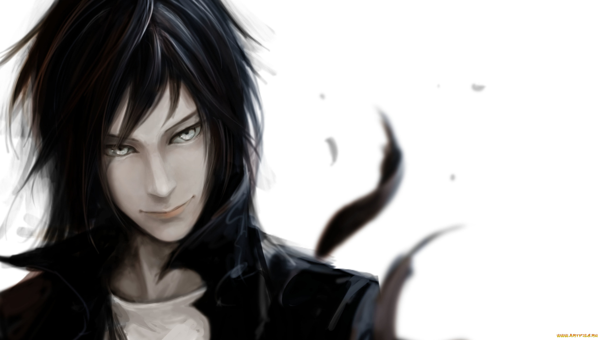 аниме, *unknown, , другое, парень, арт, перья, лицо, белый, фон