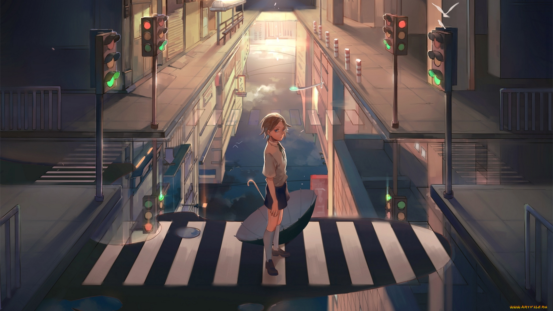 аниме, *unknown, , другое, переход, дома, зонт, светофор, город, отражение, вода, парень