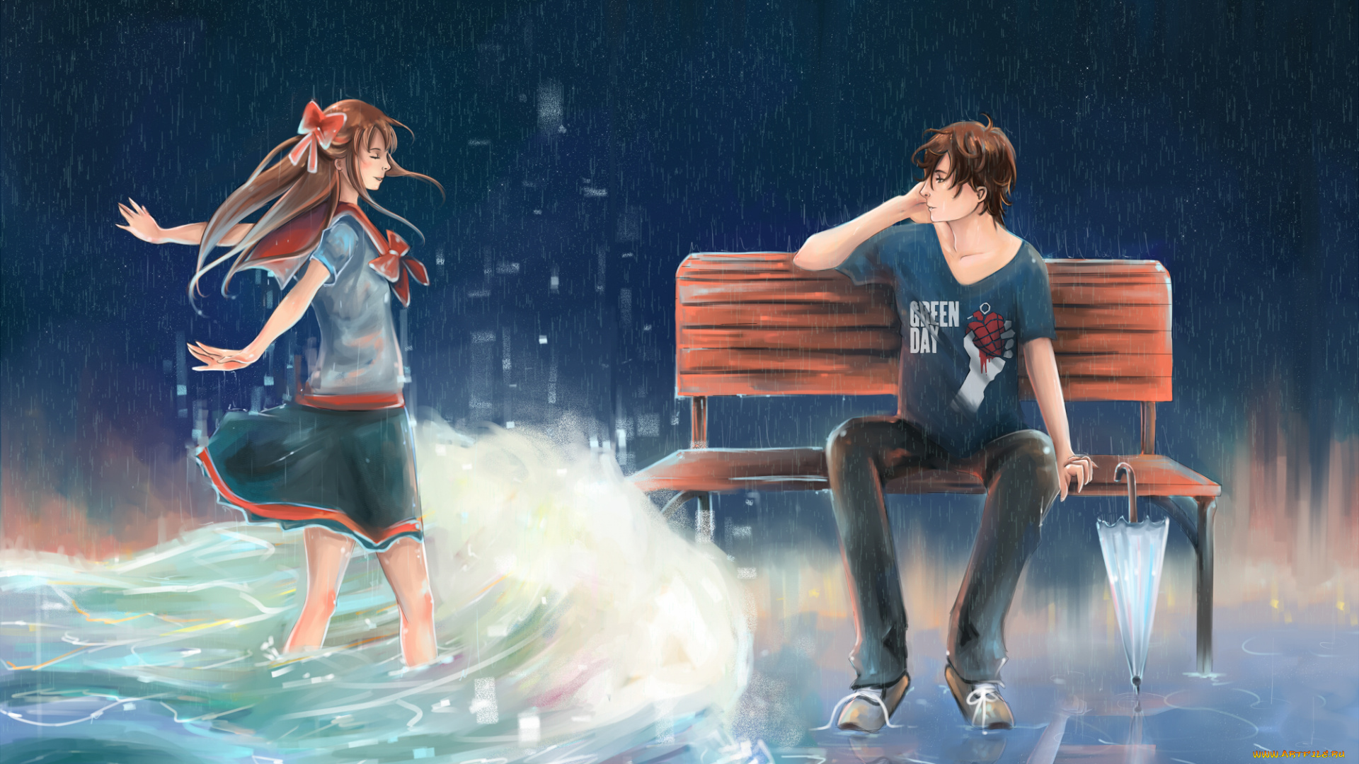 аниме, *unknown, , другое, волна, вода, девушка, парень, скамейка, зонтик, дождь