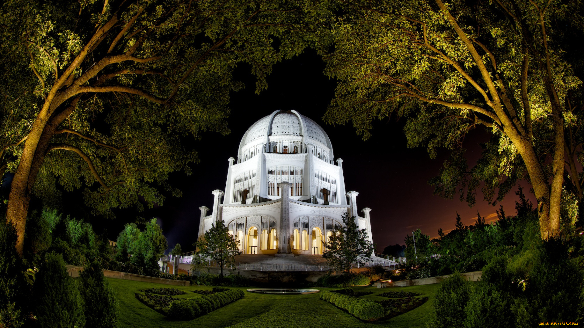 baha`i, temple, города, -, буддийские, и, другие, храмы, парк, ночь, храм, газон