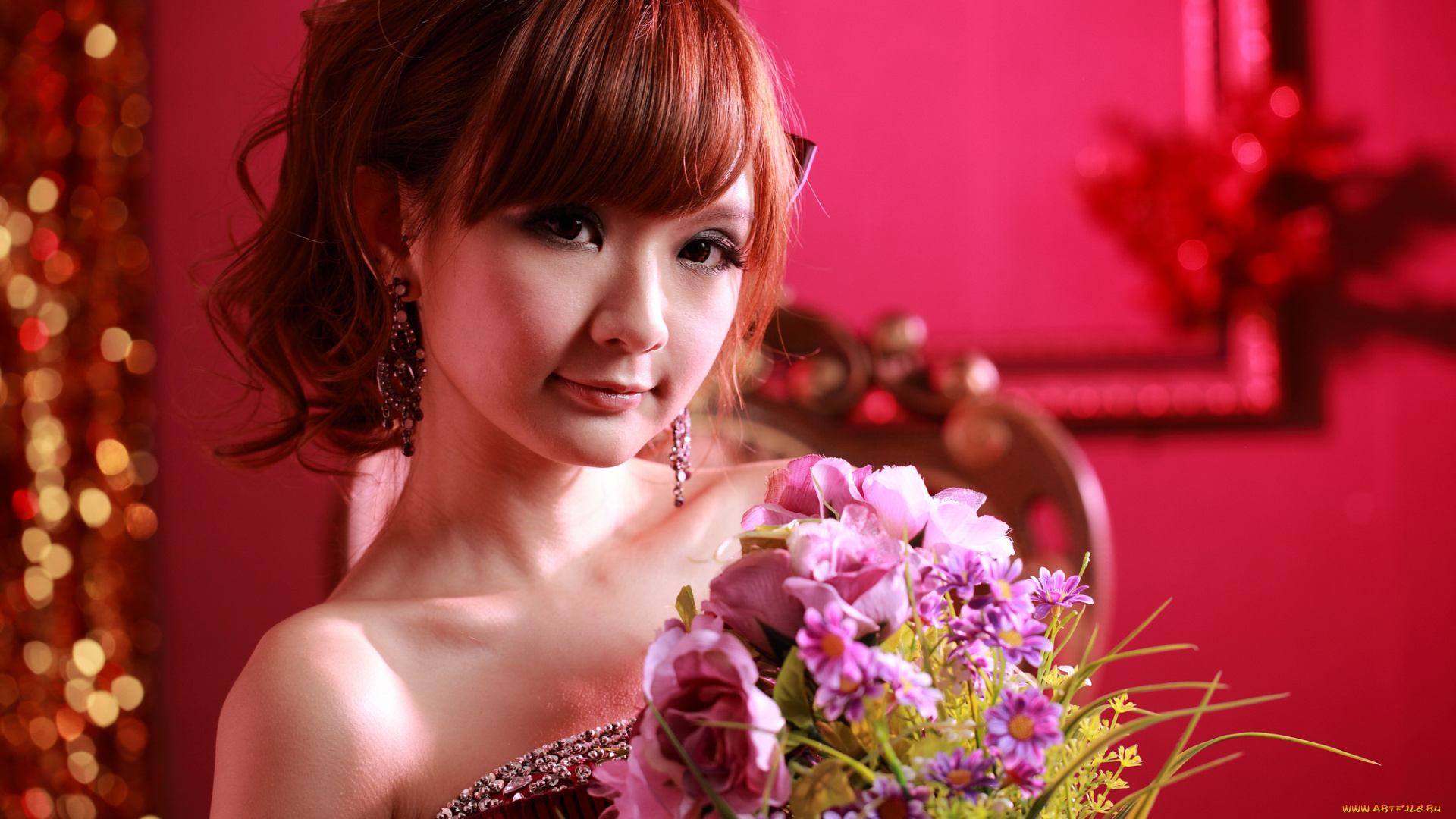 девушки, -unsort, , азиатки, букет, украшения, взгляд, лицо, причёска