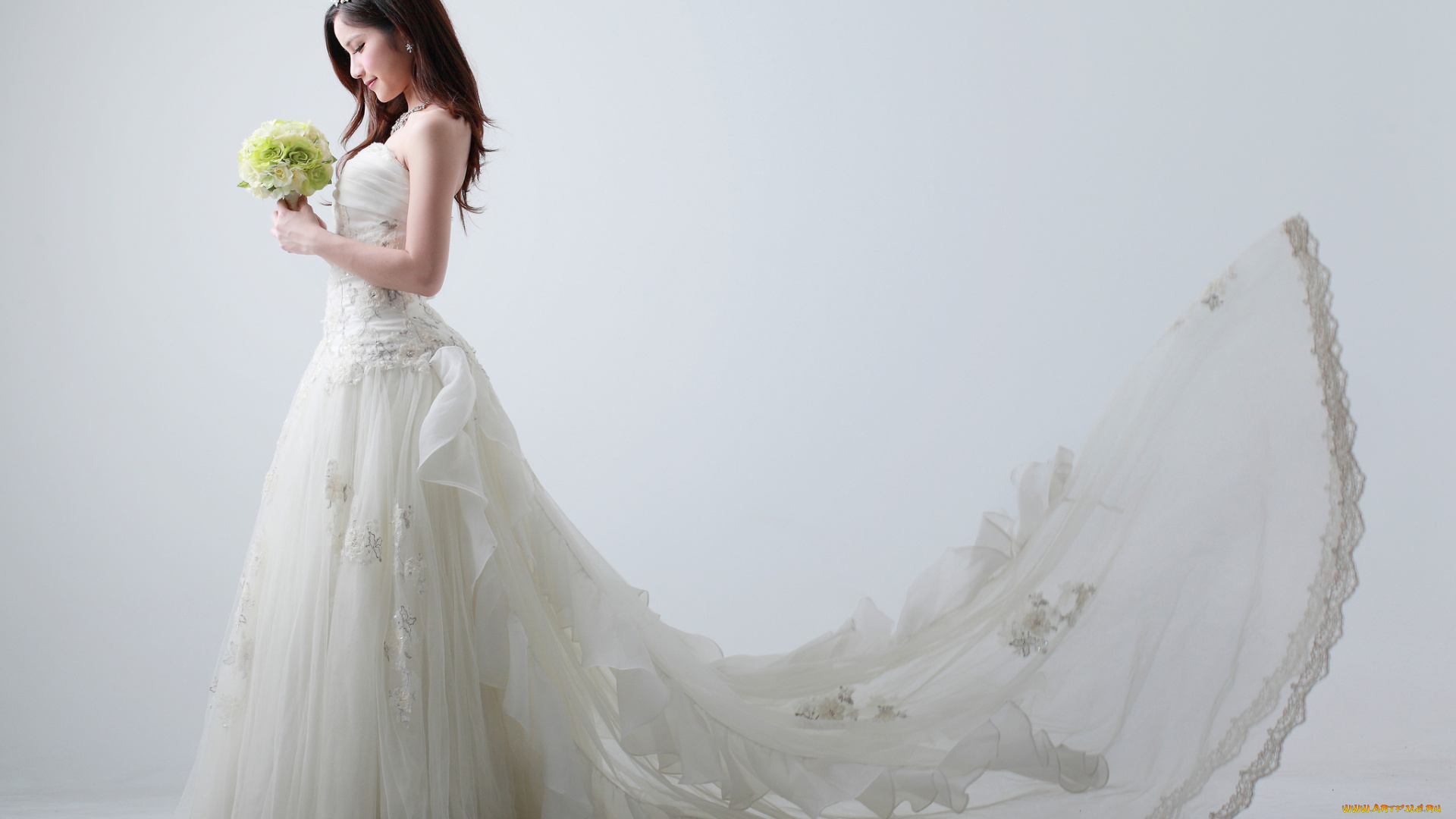 девушки, -unsort, , азиатки, невеста, диадема, платье, букет