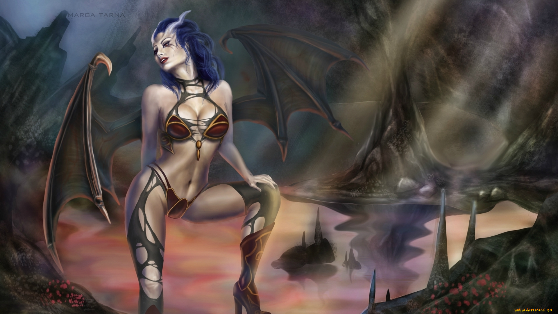 фэнтези, демоны, рога, девушка, демон, пещера, крылья