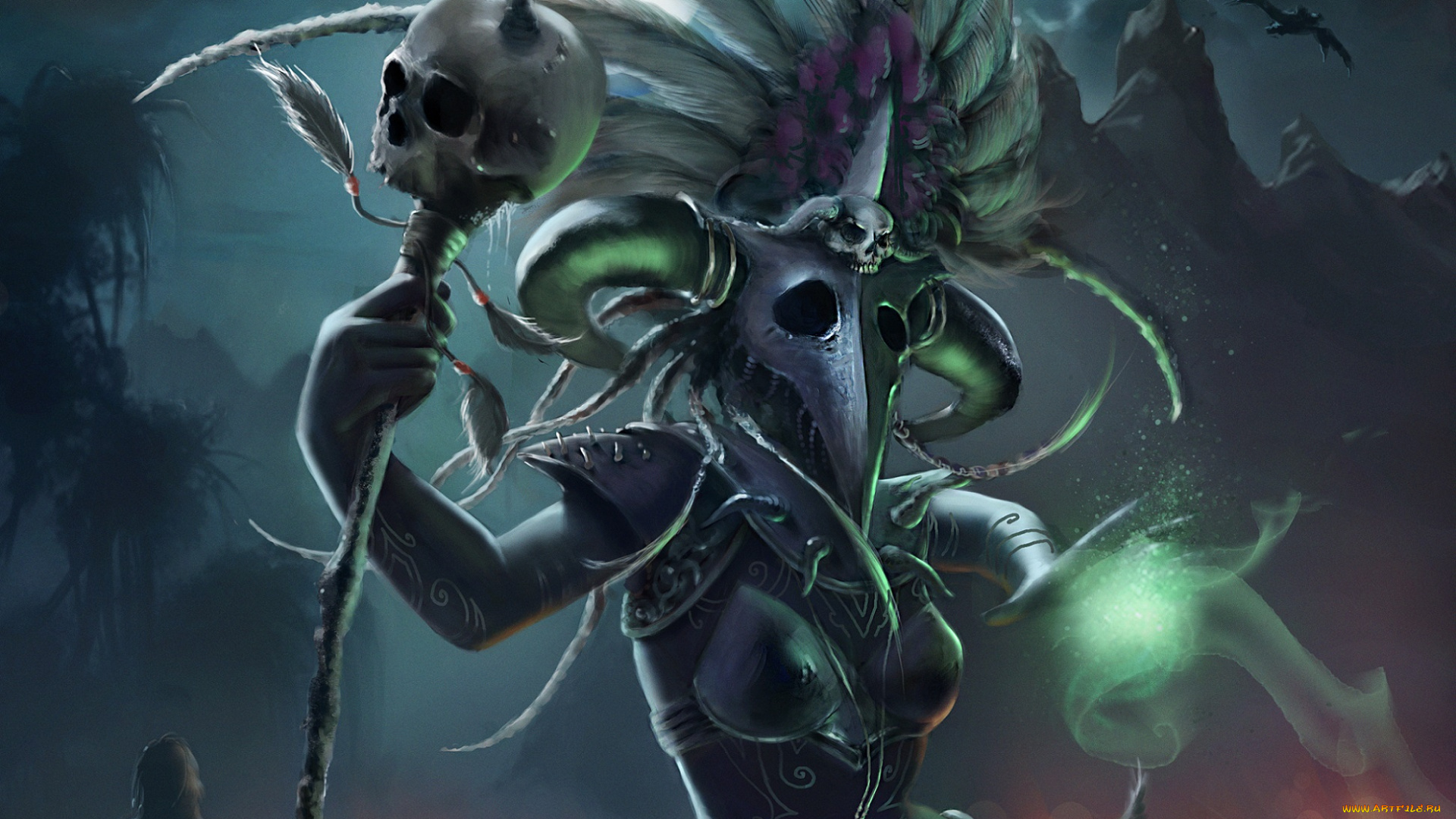 видео, игры, diablo, iii, , reaper, of, souls, череп, девушка, луна, арт, ночь, перья