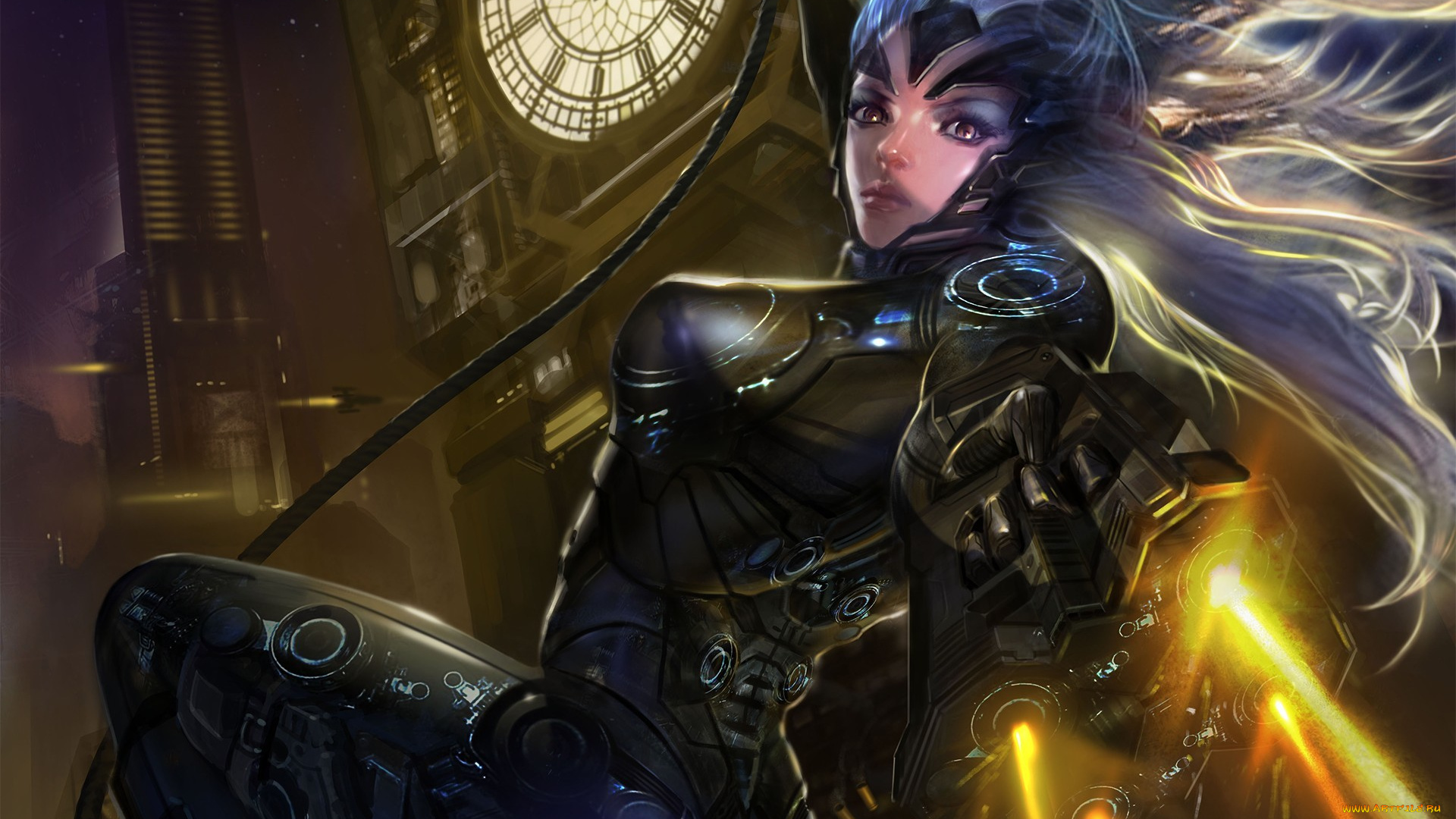 видео, игры, galaxy, saga, висит, арт, верёвка, девушка, выстрелы, гильзы, броня, здания, часы, биг-бен, оружие, волосы