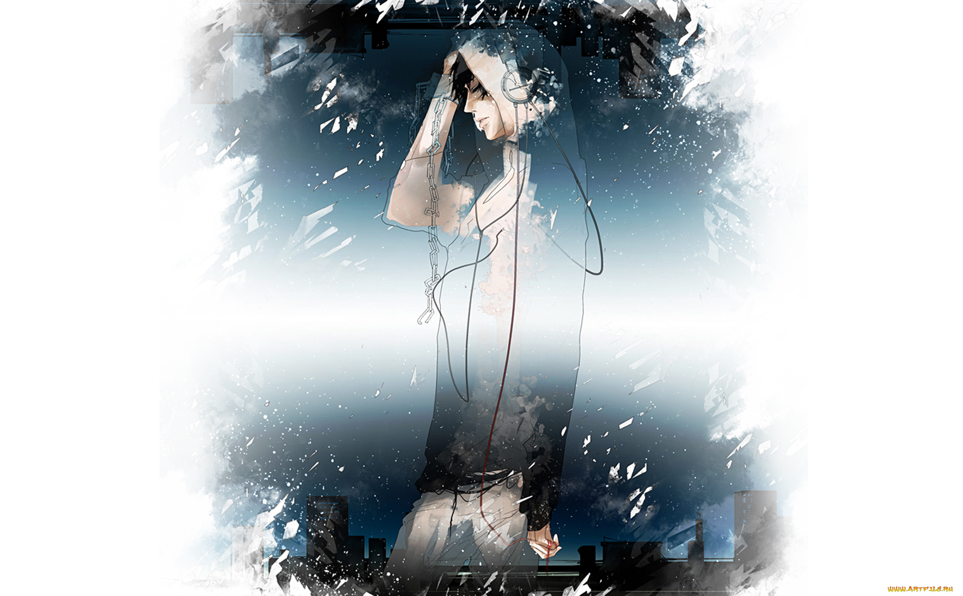 аниме, -headphones, &, instrumental, цепь, город, наушники, парень