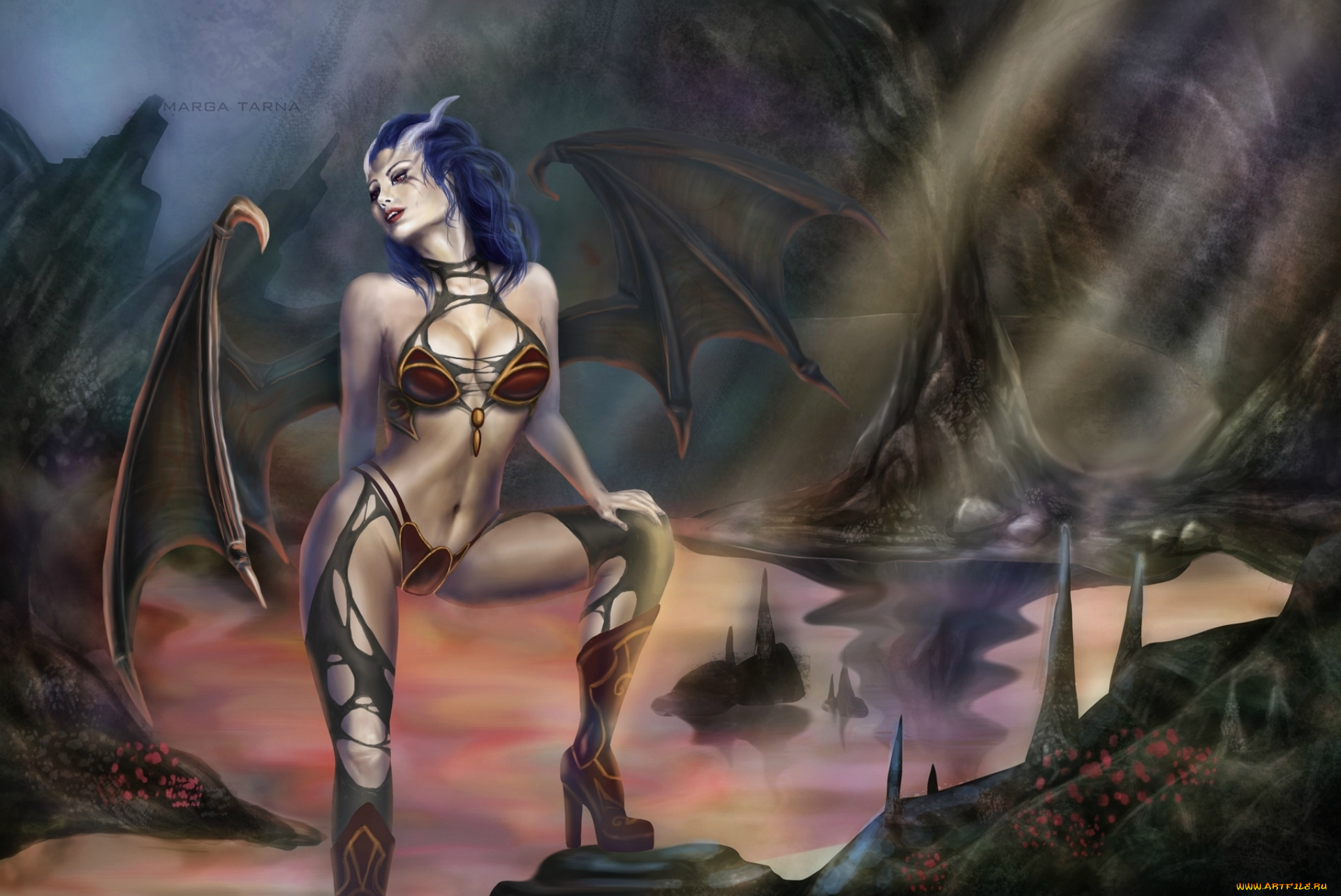 фэнтези, демоны, рога, девушка, демон, пещера, крылья
