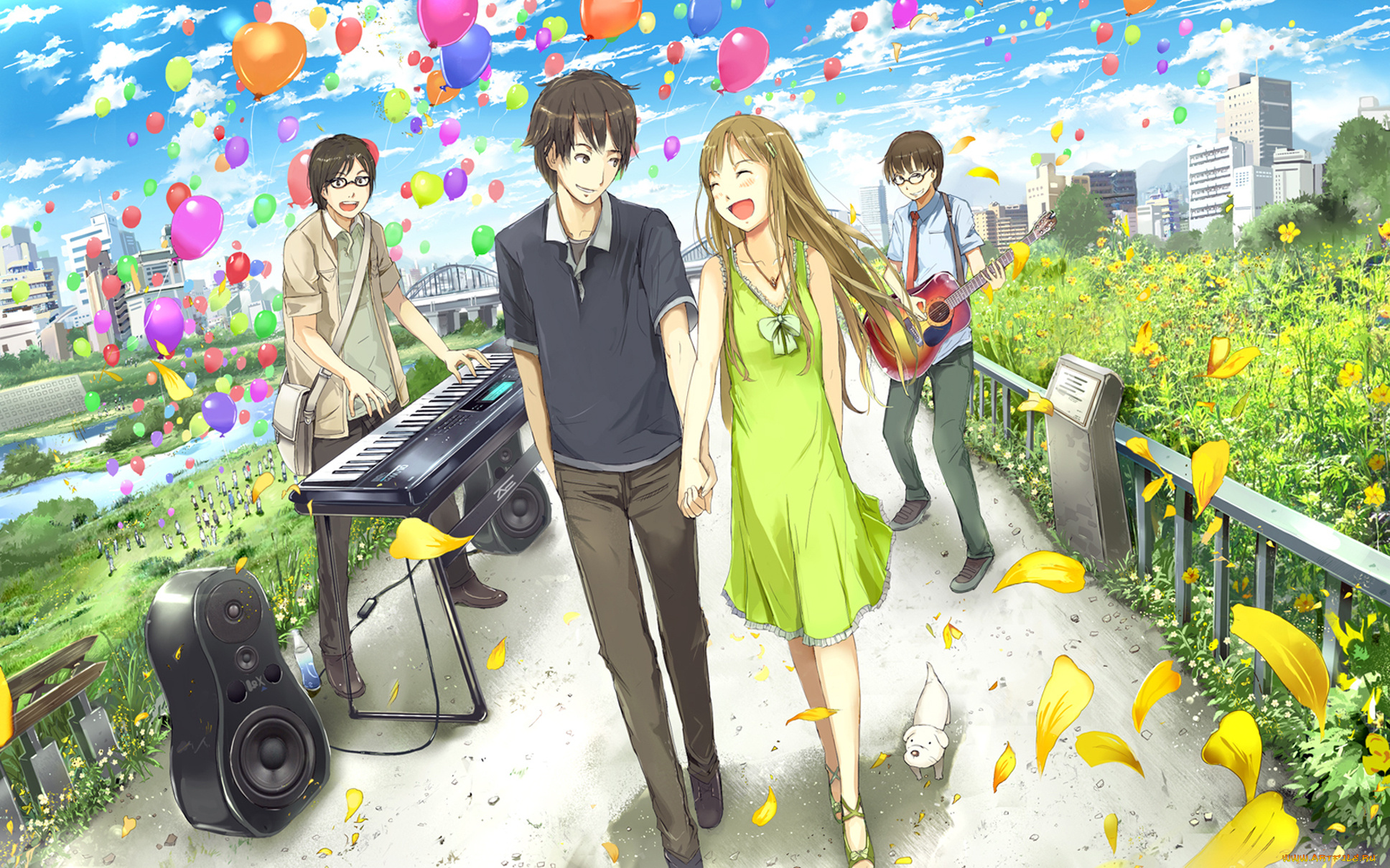 аниме, -headphones, &, instrumental, девушка, парень, воздушные, шарики, собака, гитара, музыкальные, инструменты, свидание, смех, цветы, лепестки