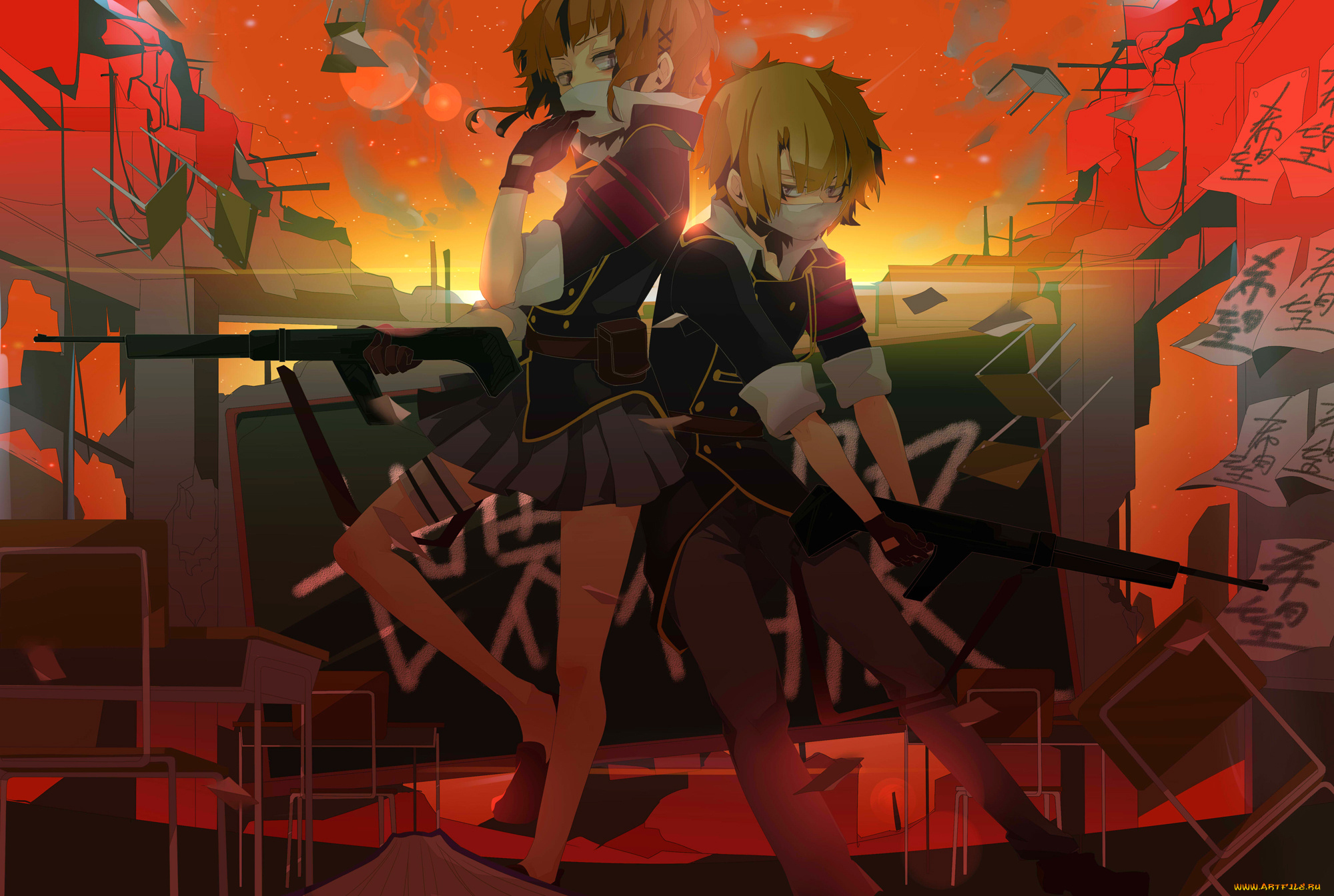 аниме, -weapon, , blood, &, technology, закат, класс, школа, оружие, девушка, парень, арт