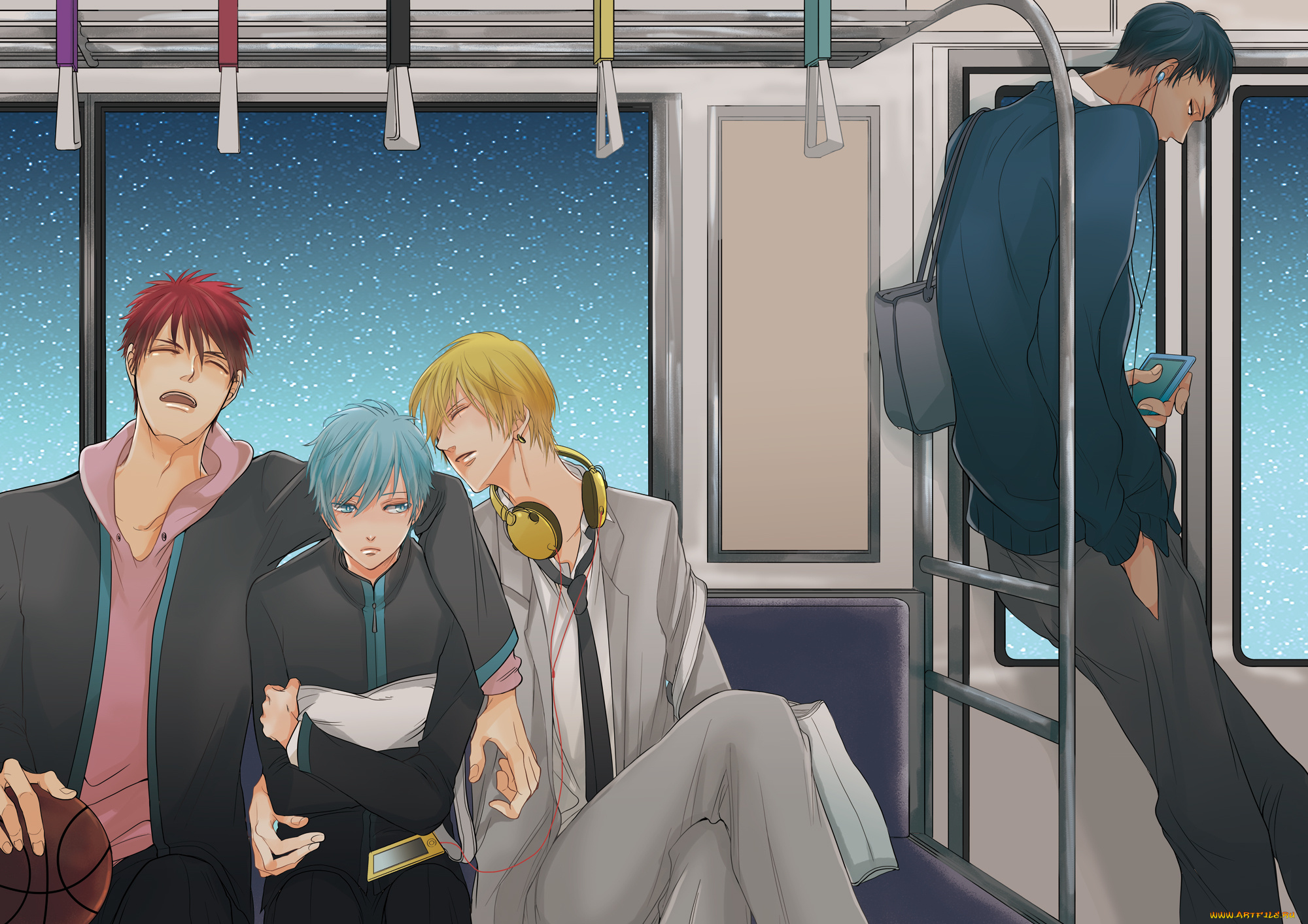 аниме, kuroko, no, baske, aomine, daiki, tetsuya, kuroko, небо, звезды, наушники, метро, kise, ryouta, вагон, kagami, taiga, парни