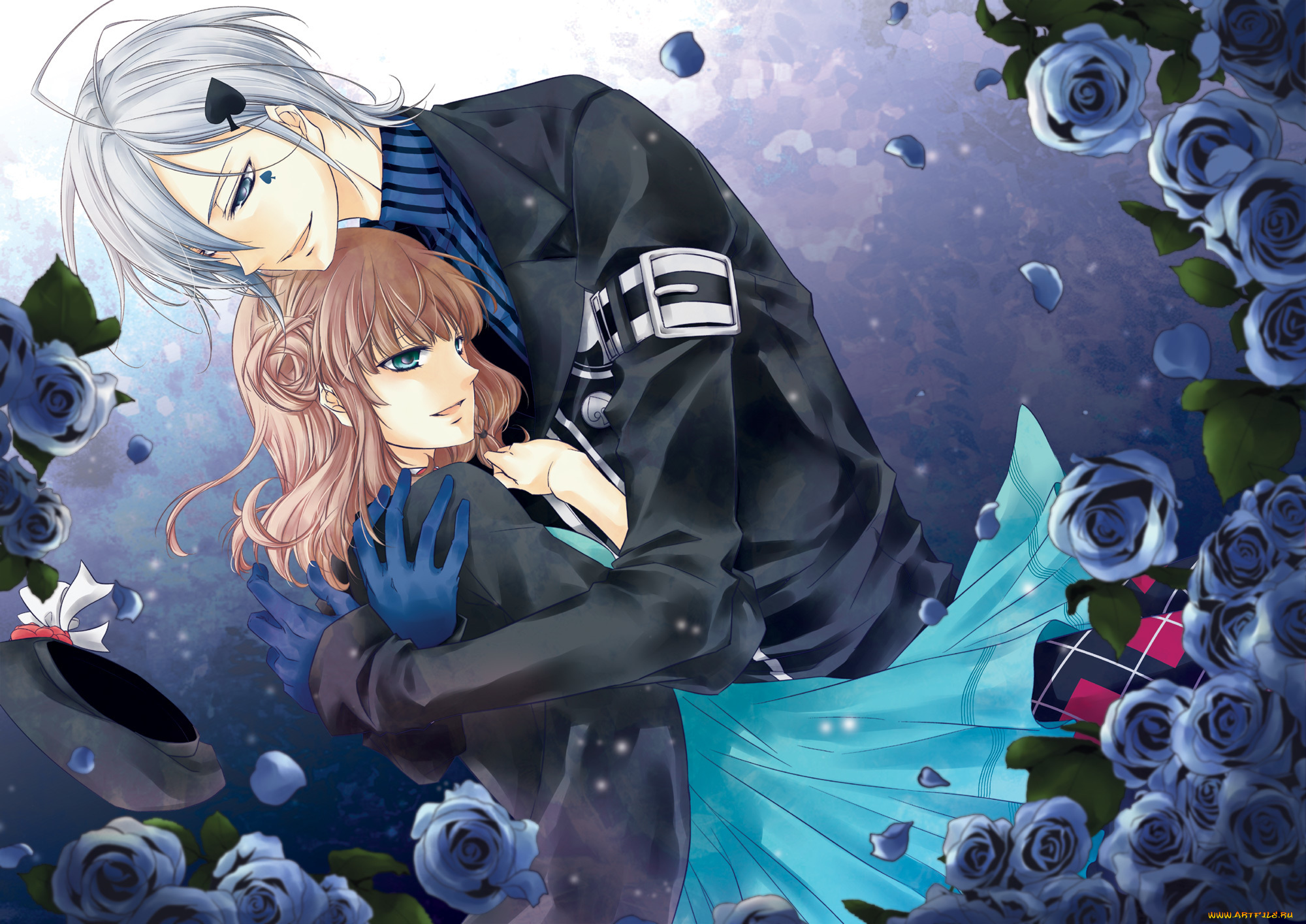 аниме, amnesia, пиджак, лепестки, рубашка, улыбка, девушка, пара, парень, перчатки, роза, платье, ikki