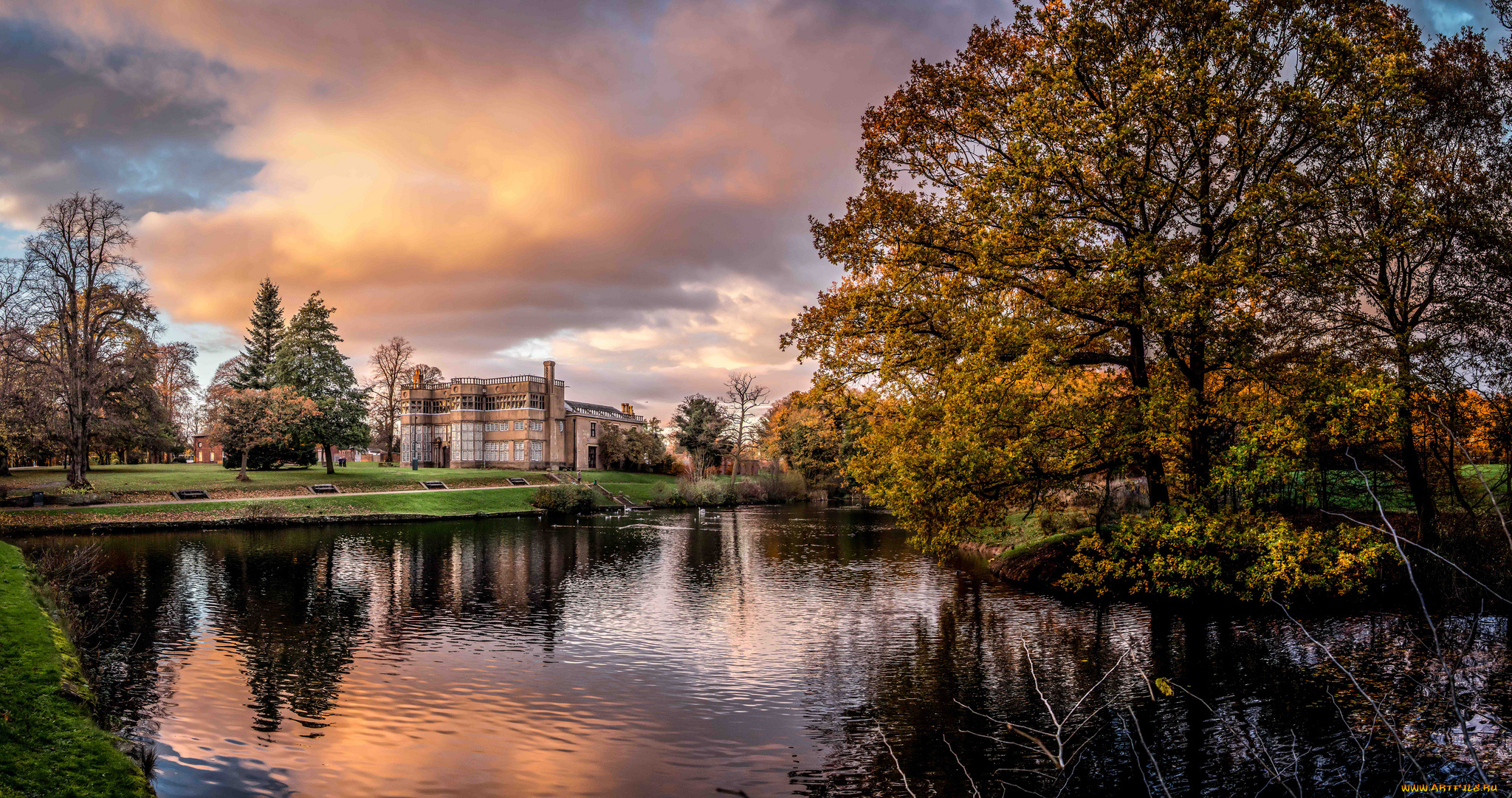 astley, hall, города, -, пейзажи, особняк, пруд, парк