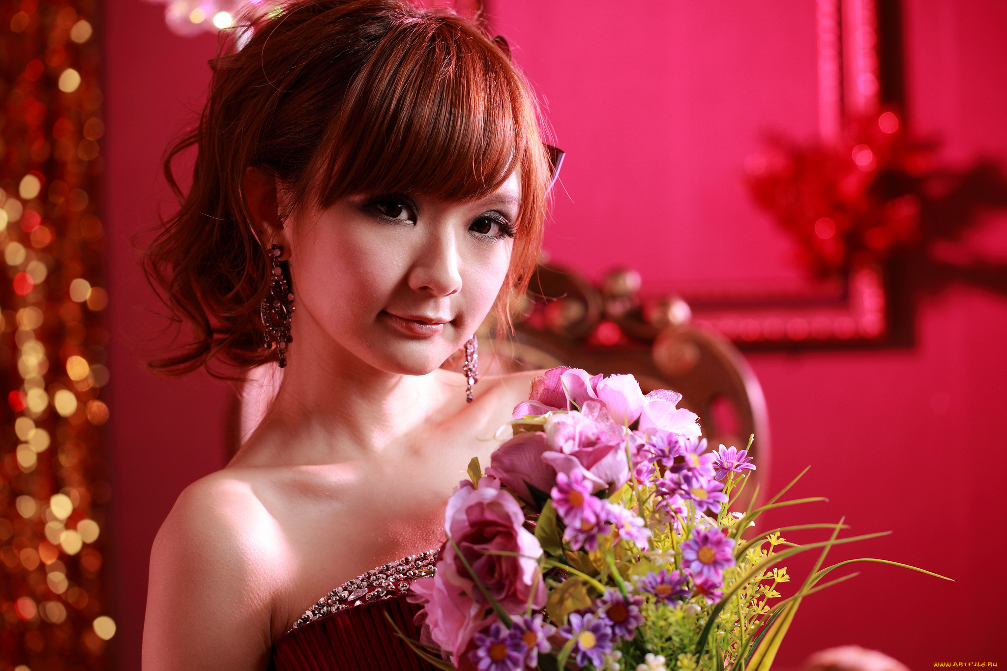 девушки, -unsort, , азиатки, букет, украшения, взгляд, лицо, причёска