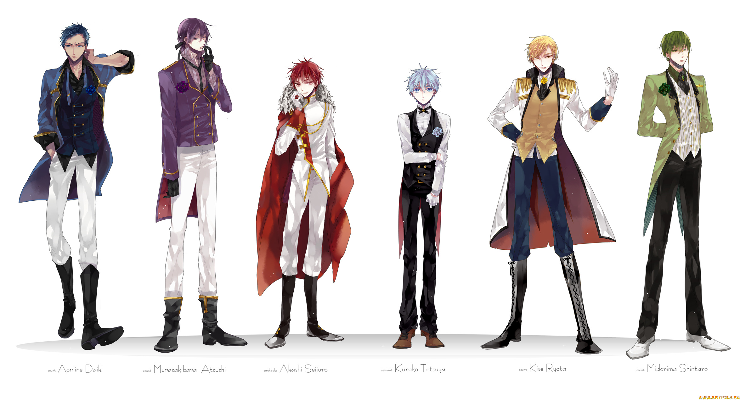 аниме, kuroko, no, baske, kuroko, tetsuya, midorima, shintarou, галстук, kise, ryouta, aomine, daiki, бабочка, дворецкий, кольцо, принц, костюм, перчатки, плащ, жилетка, роза, murasakibara, atsushi, akashi, seijuurou, баскетбол, куроко