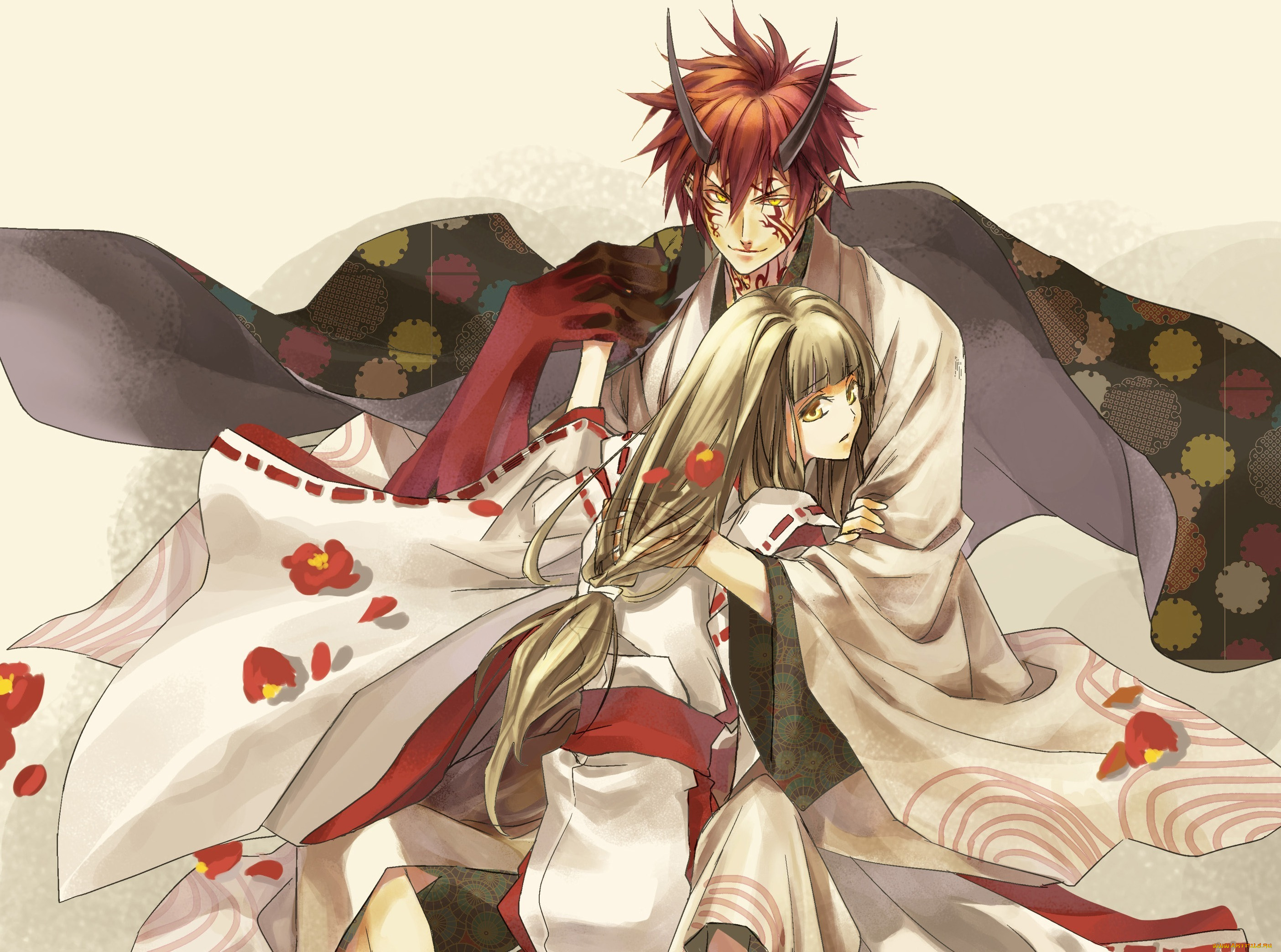 аниме, hiiro, no, kakera, арт, рога, девушка, парень, алые, осколки, onizaki, takuma, kasuga, tamaki, hiiro, no, kakera, кимоно, демон