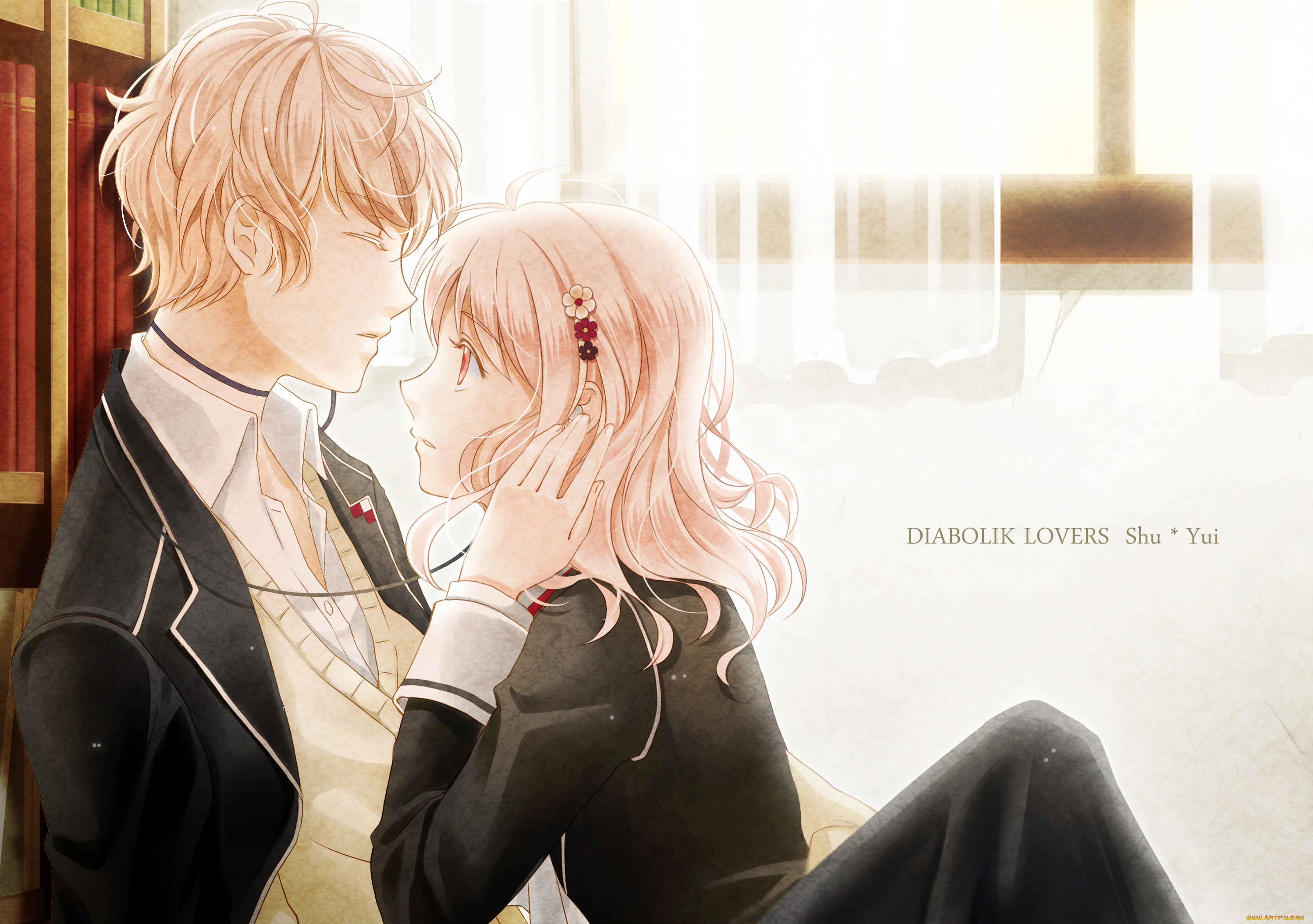 аниме, diabolik, lovers, shuu, sakamaki, komori, yui, девушка, парень, провода, наушники, школьники, форма