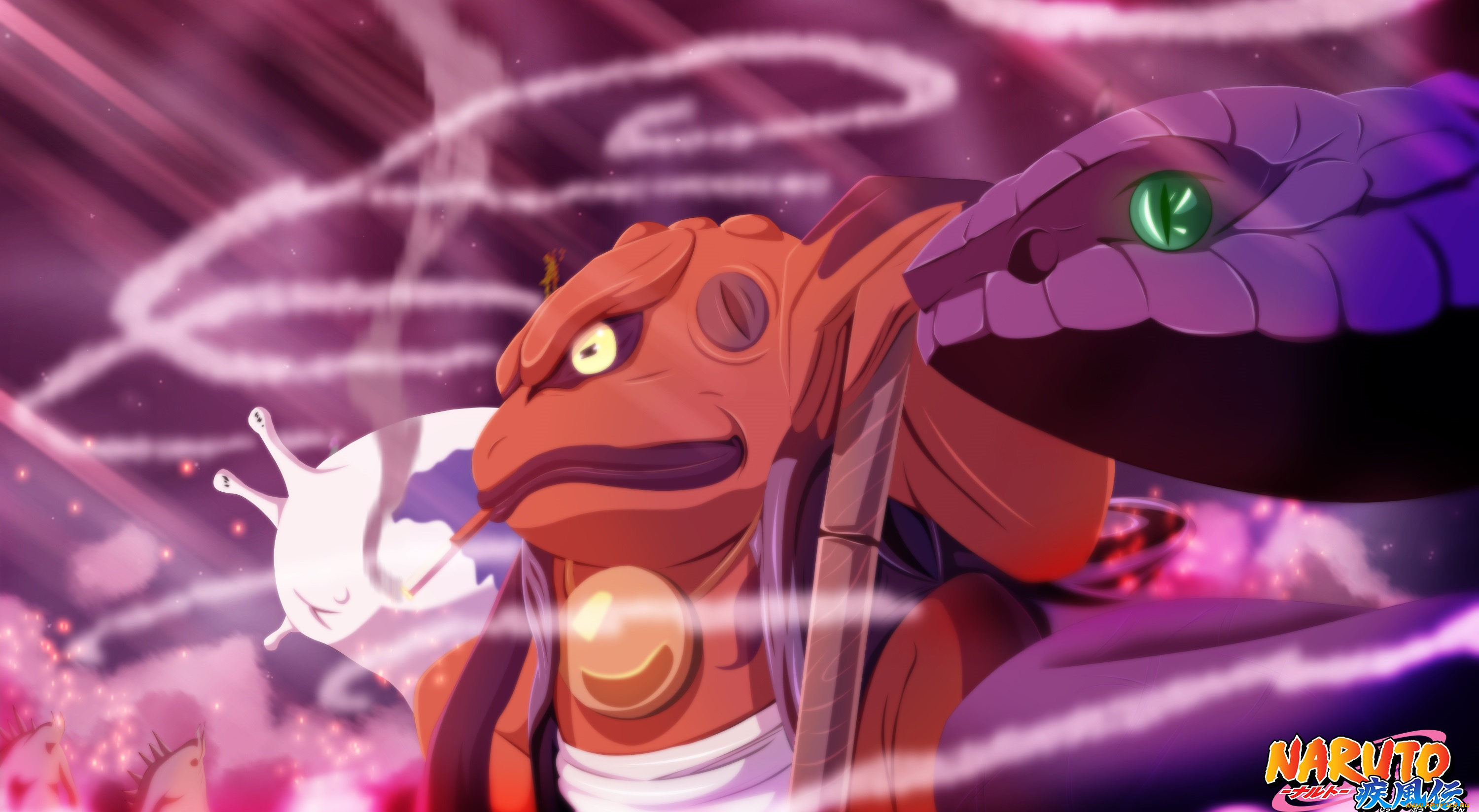 аниме, naruto, шиппуден, арт, наруто, змей, кацуя, жаба, животные, слизень, трио