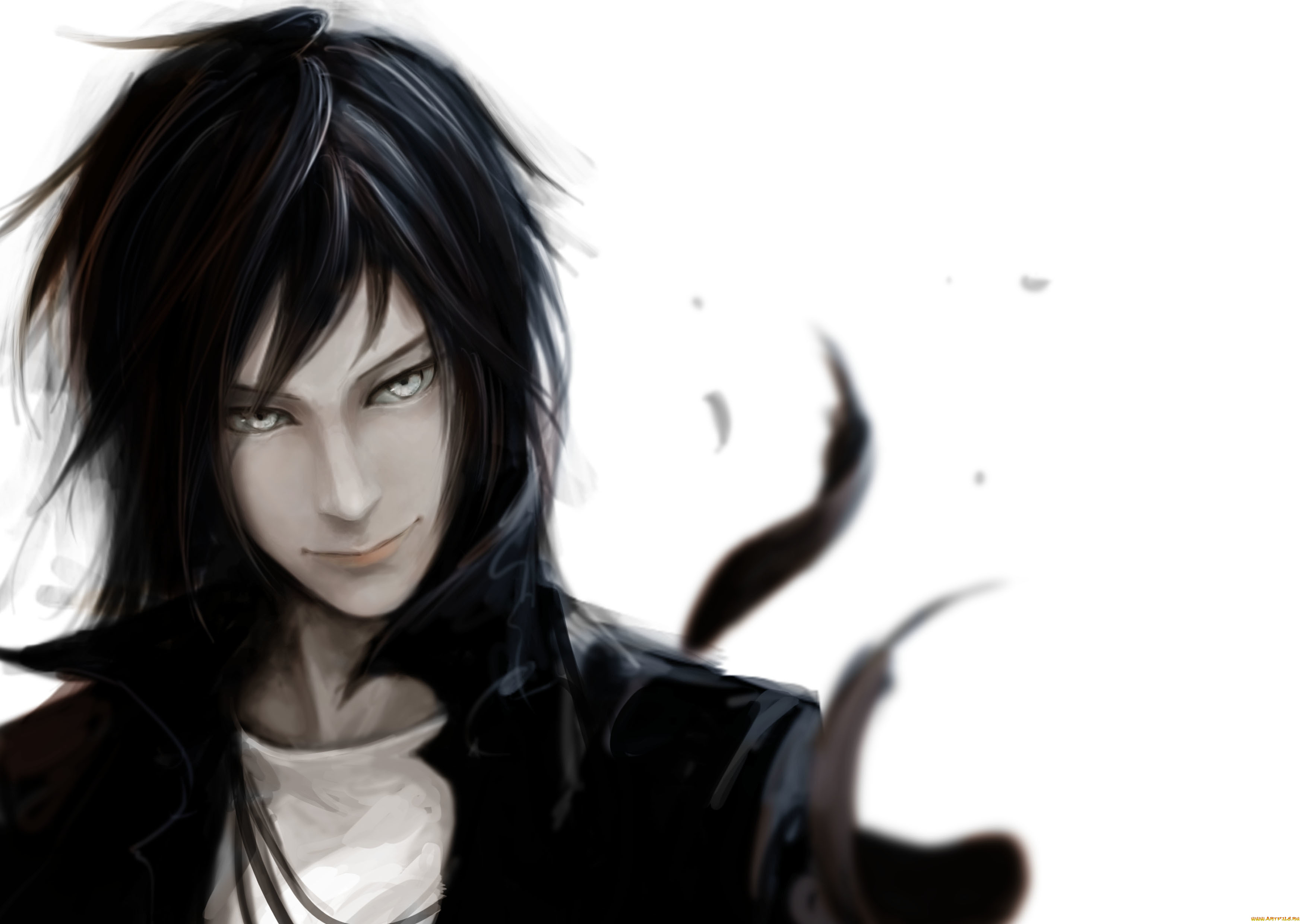 аниме, *unknown, , другое, парень, арт, перья, лицо, белый, фон