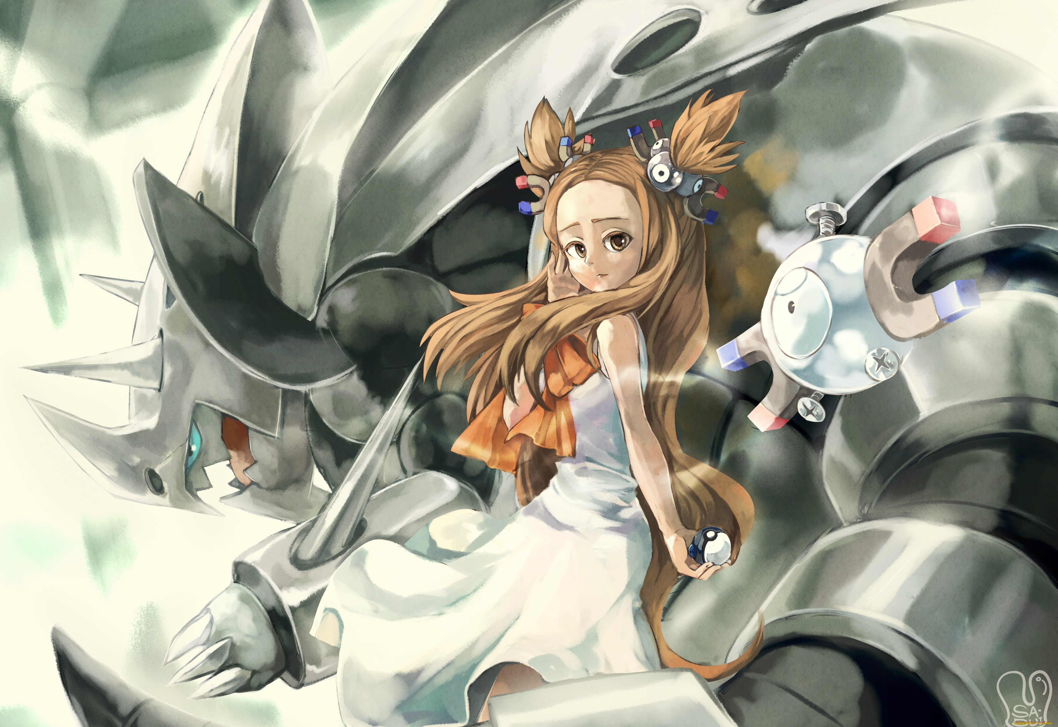 аниме, pokemon, белое, платье, покебол, магнемайты, шатенка, взгляд, девушка, арт, покемон