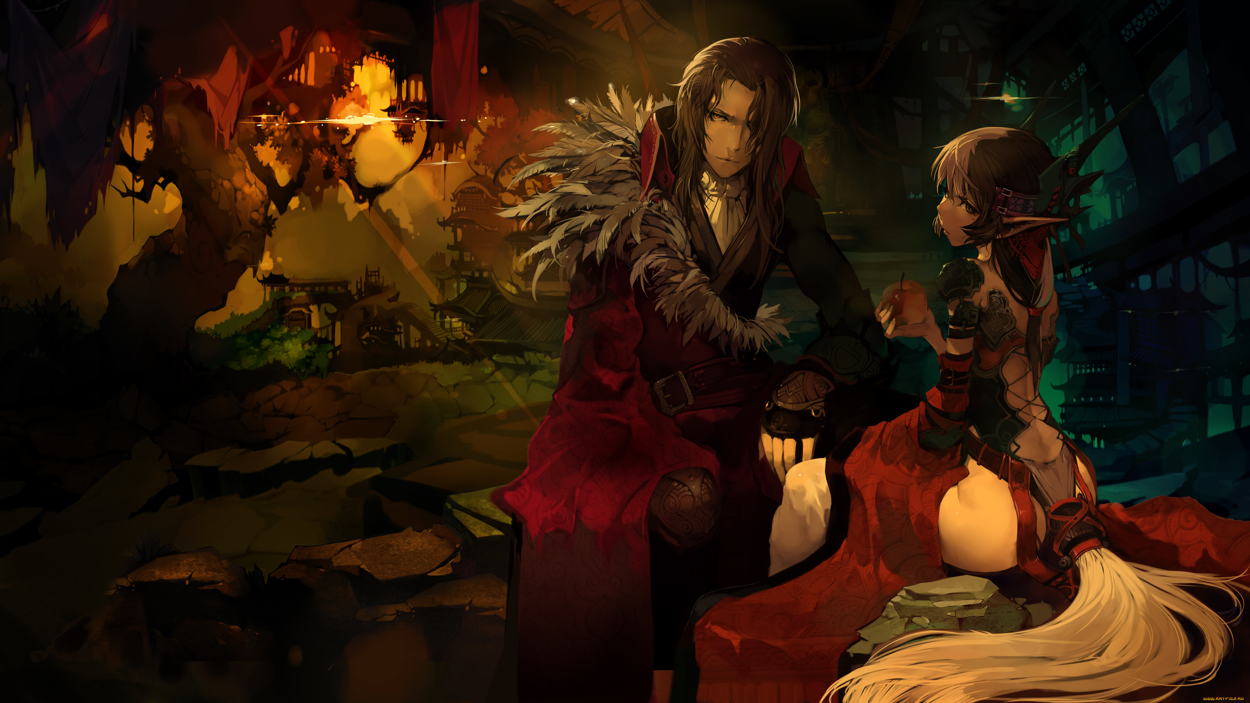 аниме, *unknown, , другое, костюм, платье, девушка, парень, эльфийка, город, дома, плащ, яблоко