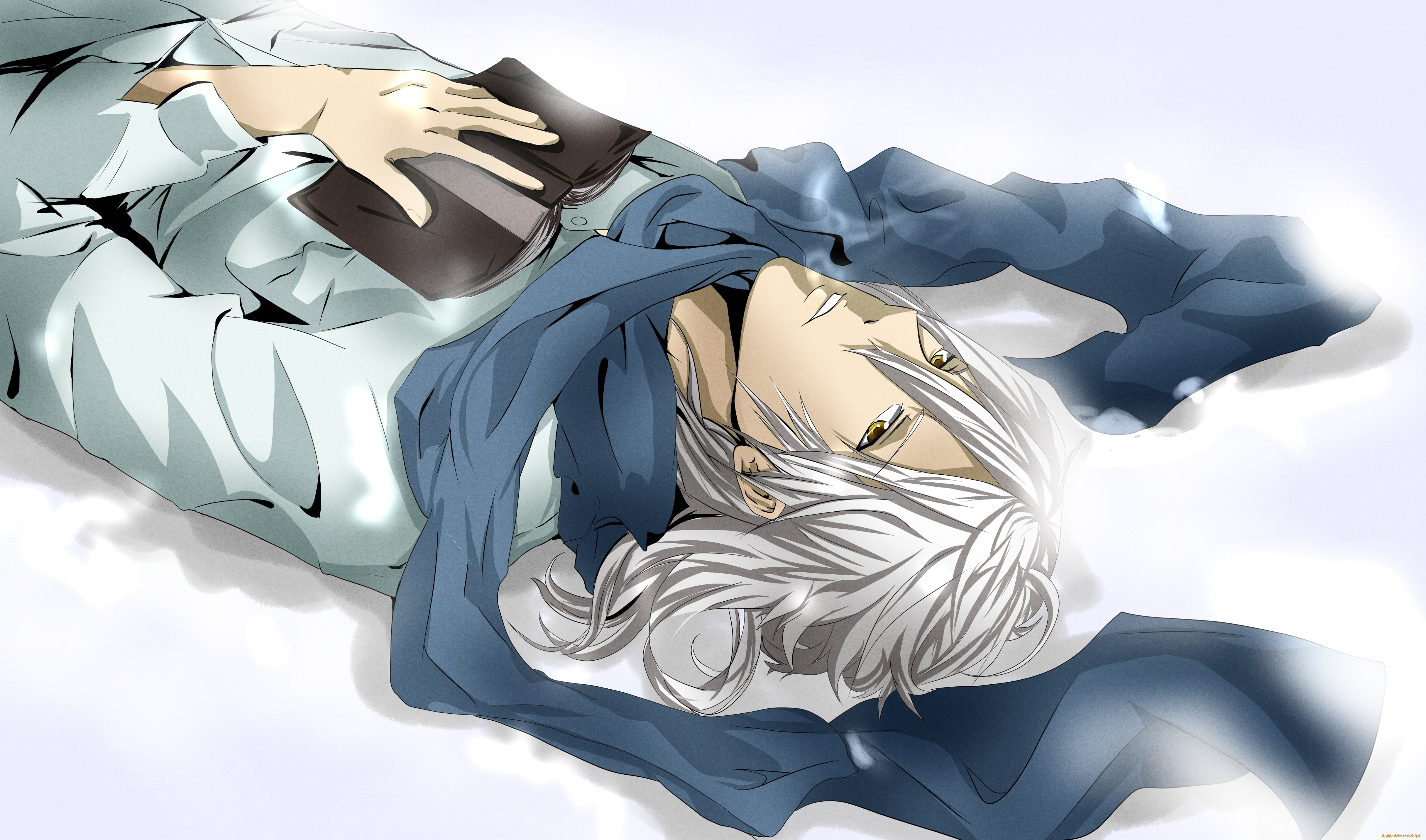 аниме, psycho-pass, шарф, рубашка, зима, белые, волосы, золотые, глаза, книга, парень, снег